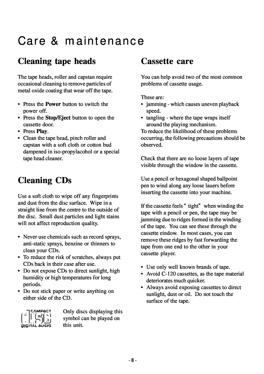 Sylvania SRCD348 manual Care & maintenance, Cleaning tape heads, Cleaning CDs, Cassette care 