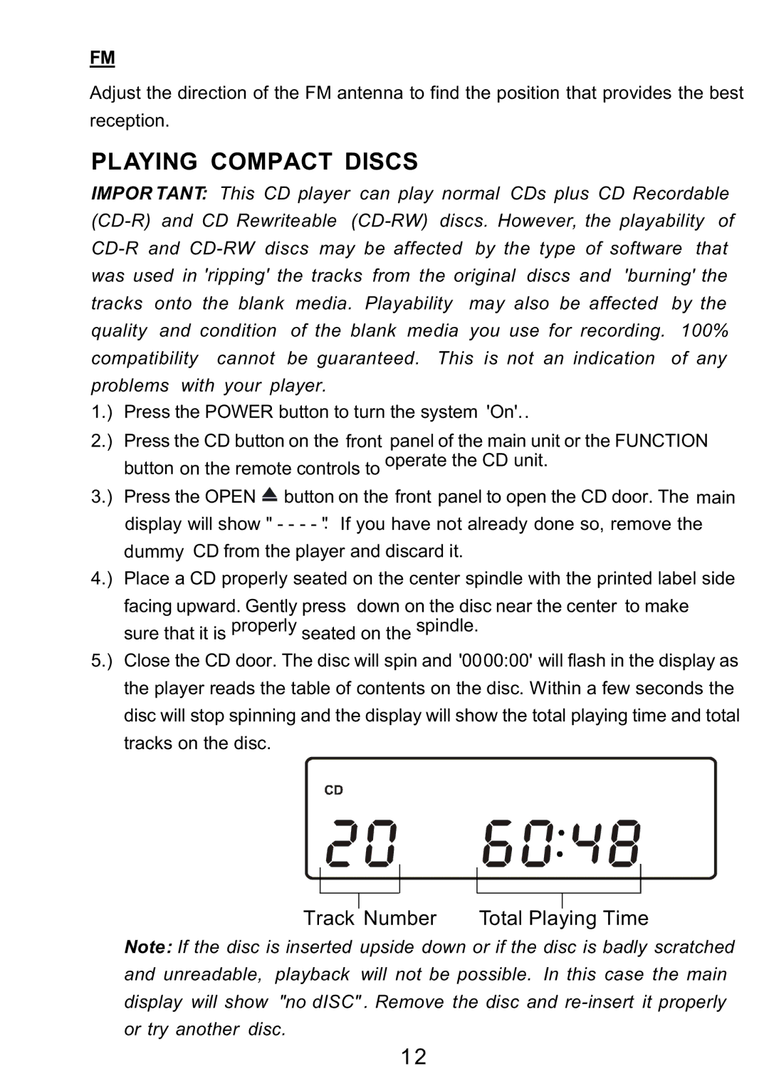 Sylvania SRCD3830 instruction manual Playing Compact Discs, Track Number Total Playing Time 