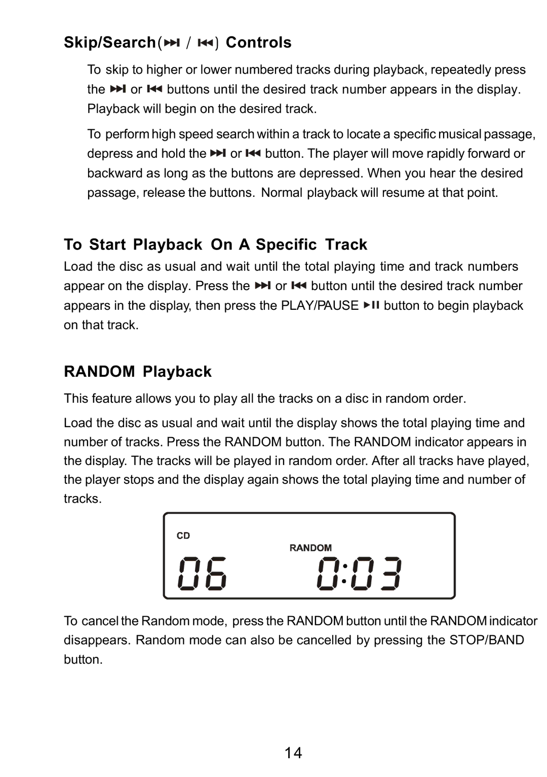 Sylvania SRCD3830 instruction manual Skip/Search / Controls, To Start Playback On a Specific Track, Random Playback 