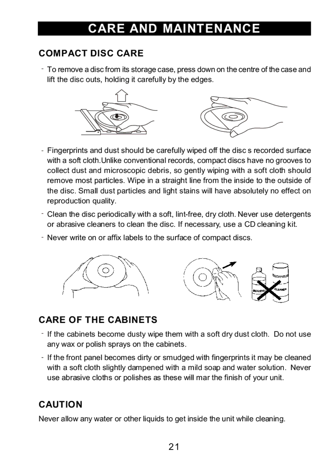 Sylvania SRCD3830 instruction manual Care and Maintenance, Compact Disc Care, Care of the Cabinets 