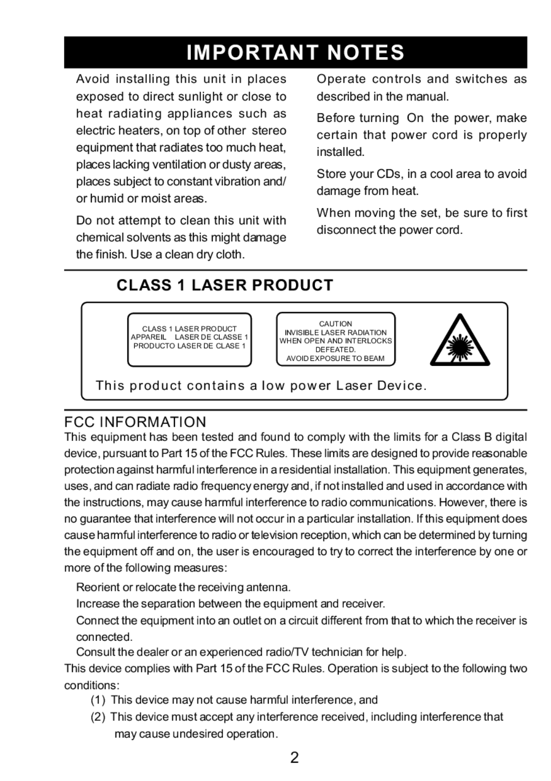 Sylvania SRCD3830 instruction manual Important Notes, Class 1 Laser Product 