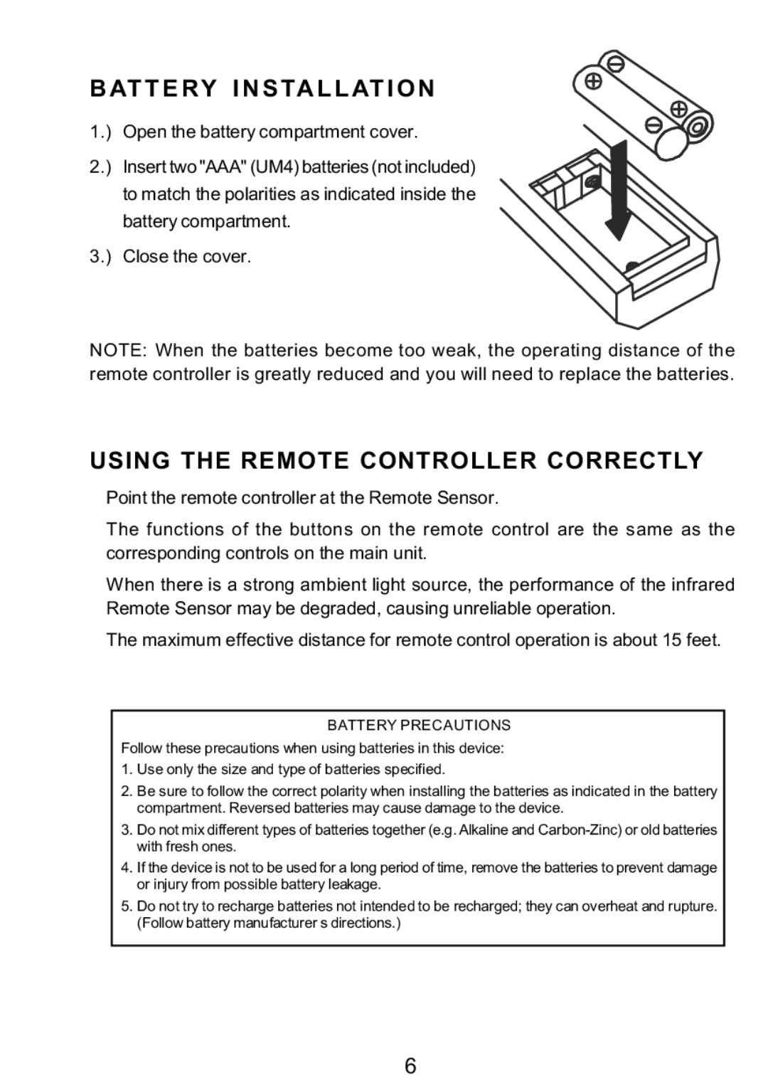 Sylvania SRCD3830 instruction manual At T E Ry I N S Tal L At I O N, Using the Remote Controller Correctly 