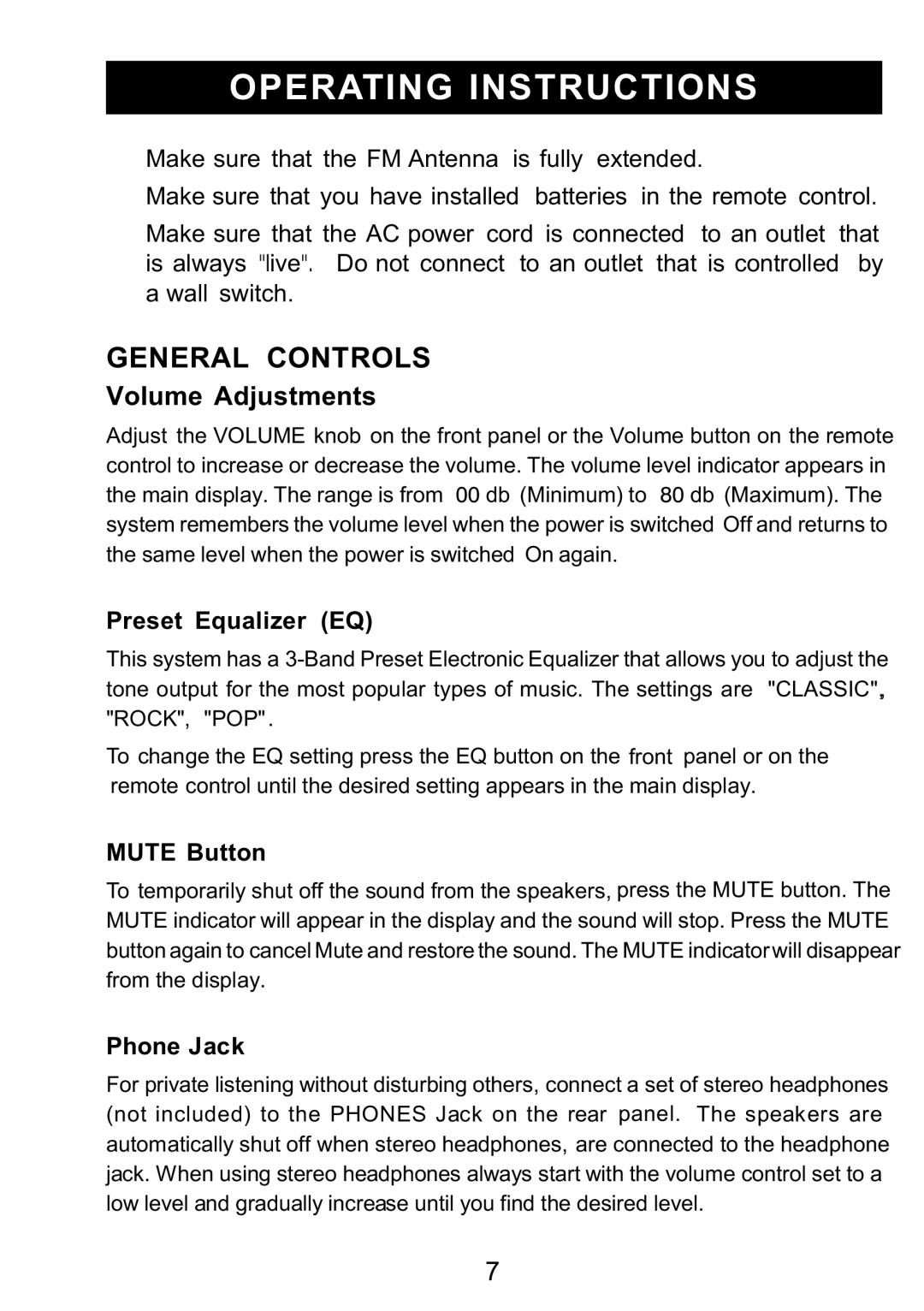 Sylvania SRCD3830 instruction manual Operating Instructions, General Controls, Volume Adjustments 