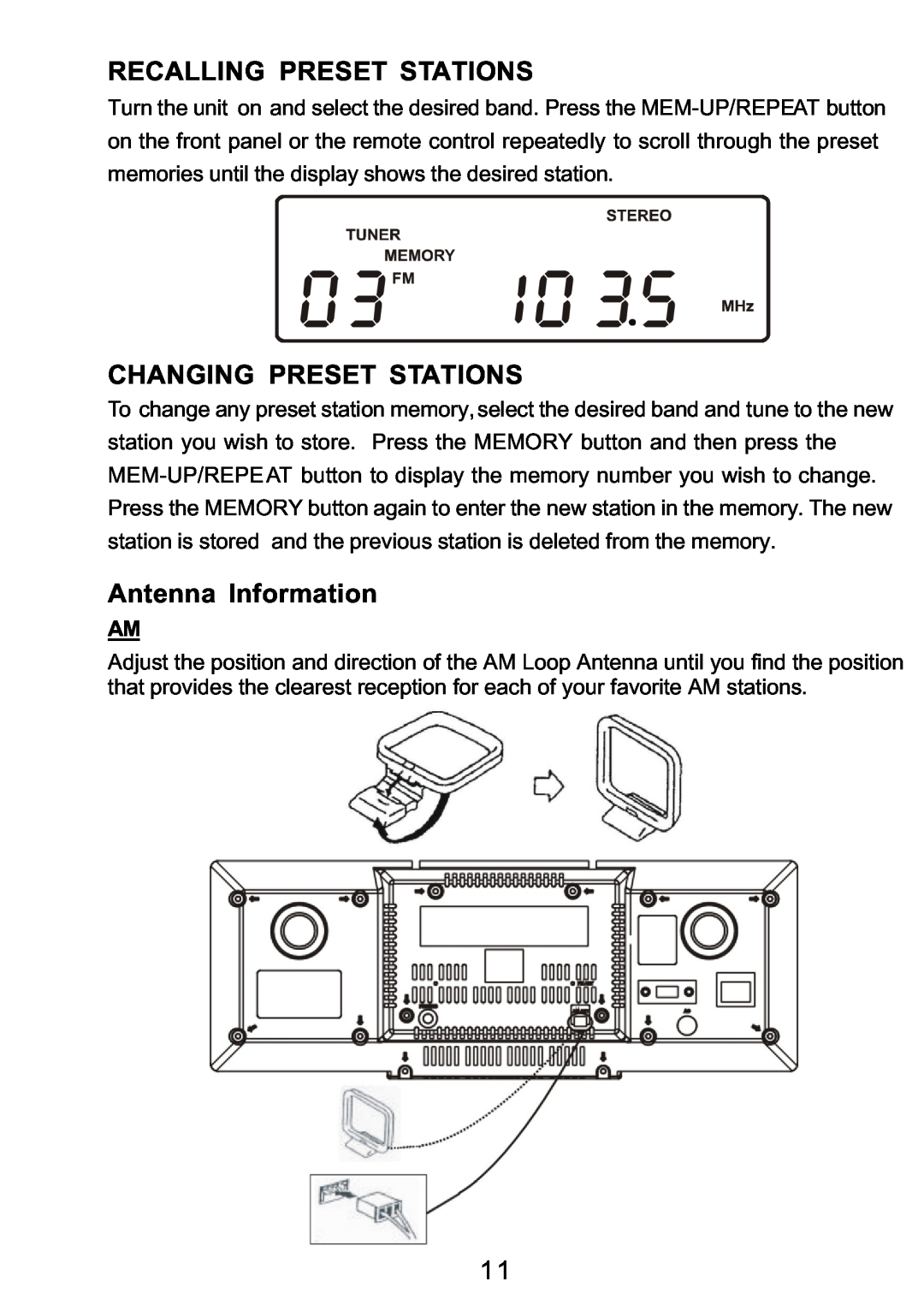 Sylvania SRCD3830 instruction manual Recalling Preset Stations, Changing Preset Stations, Antenna Information 