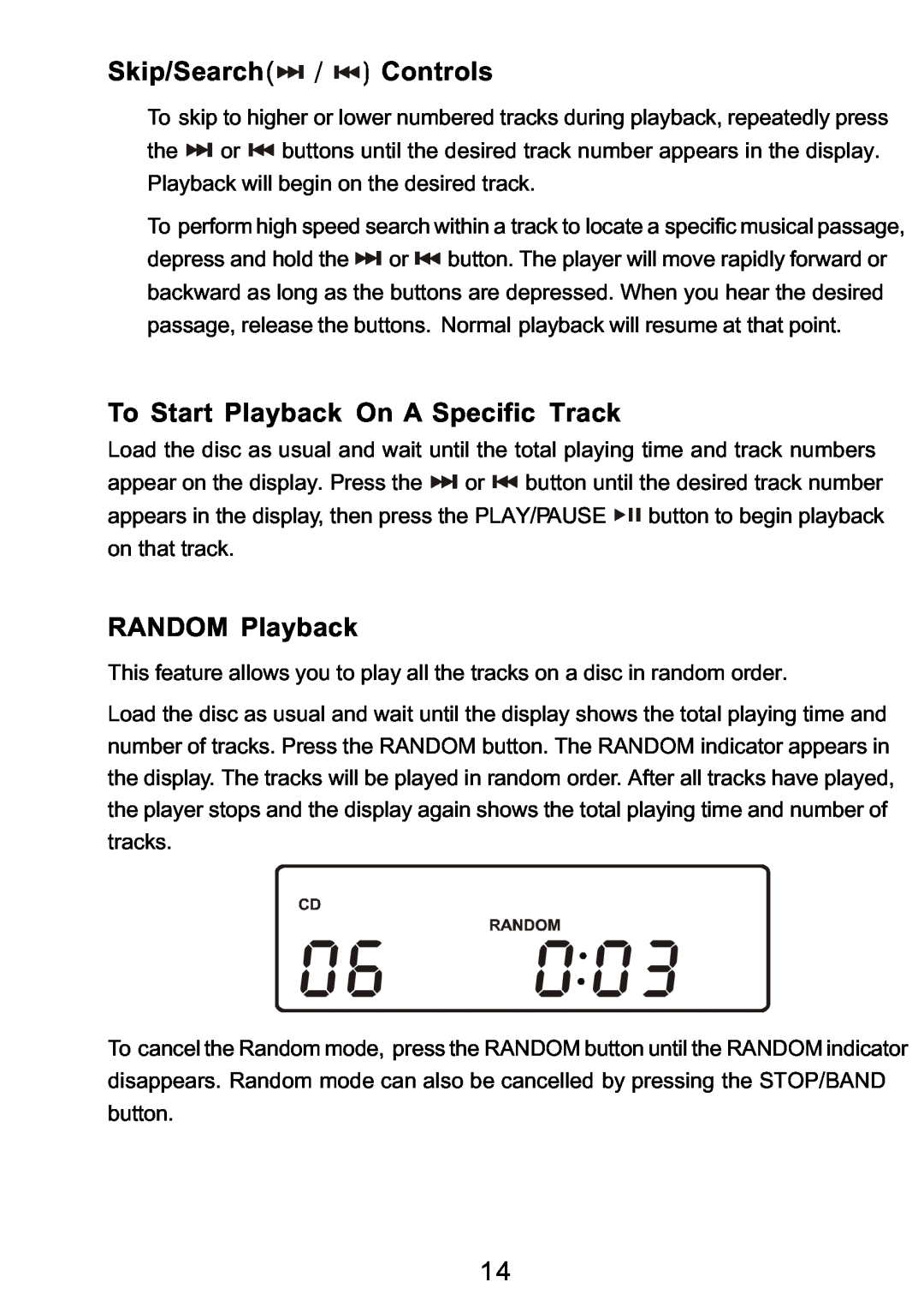 Sylvania SRCD3830 instruction manual Skip/Search / Controls, To Start Playback On A Specific Track, RANDOM Playback 