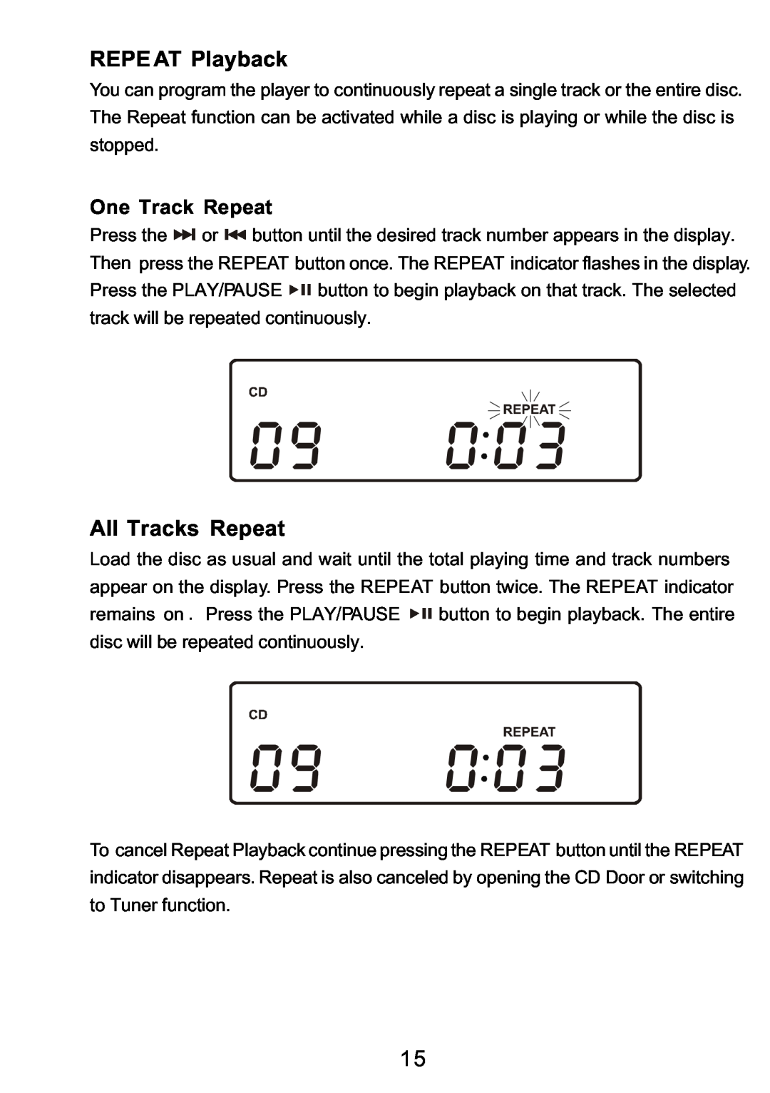 Sylvania SRCD3830 instruction manual REPEAT Playback, All Tracks Repeat, One Track Repeat 