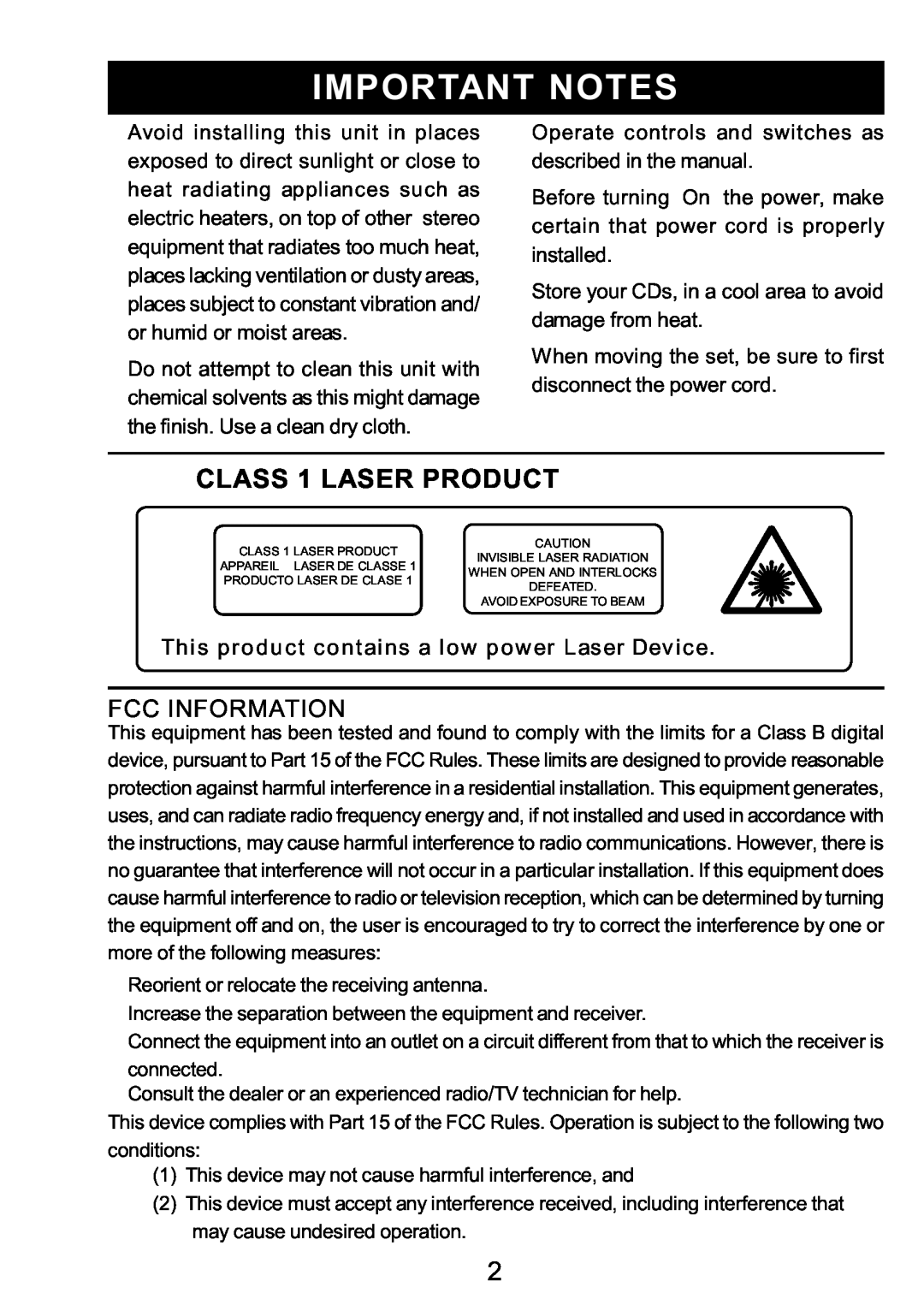 Sylvania SRCD3830 instruction manual Important Notes, CLASS 1 LASER PRODUCT 