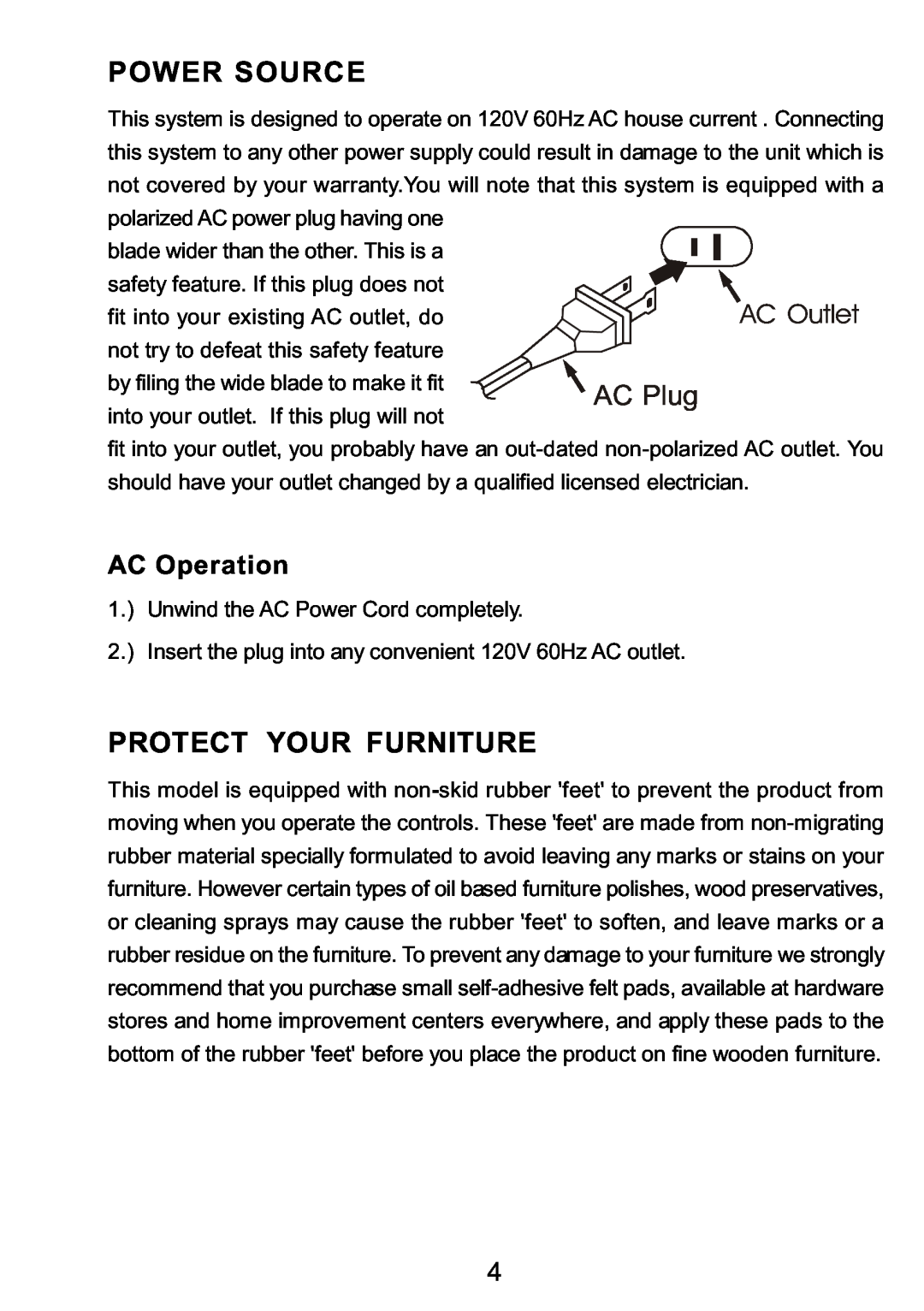 Sylvania SRCD3830 instruction manual Power Source, Protect Your Furniture, AC Operation 