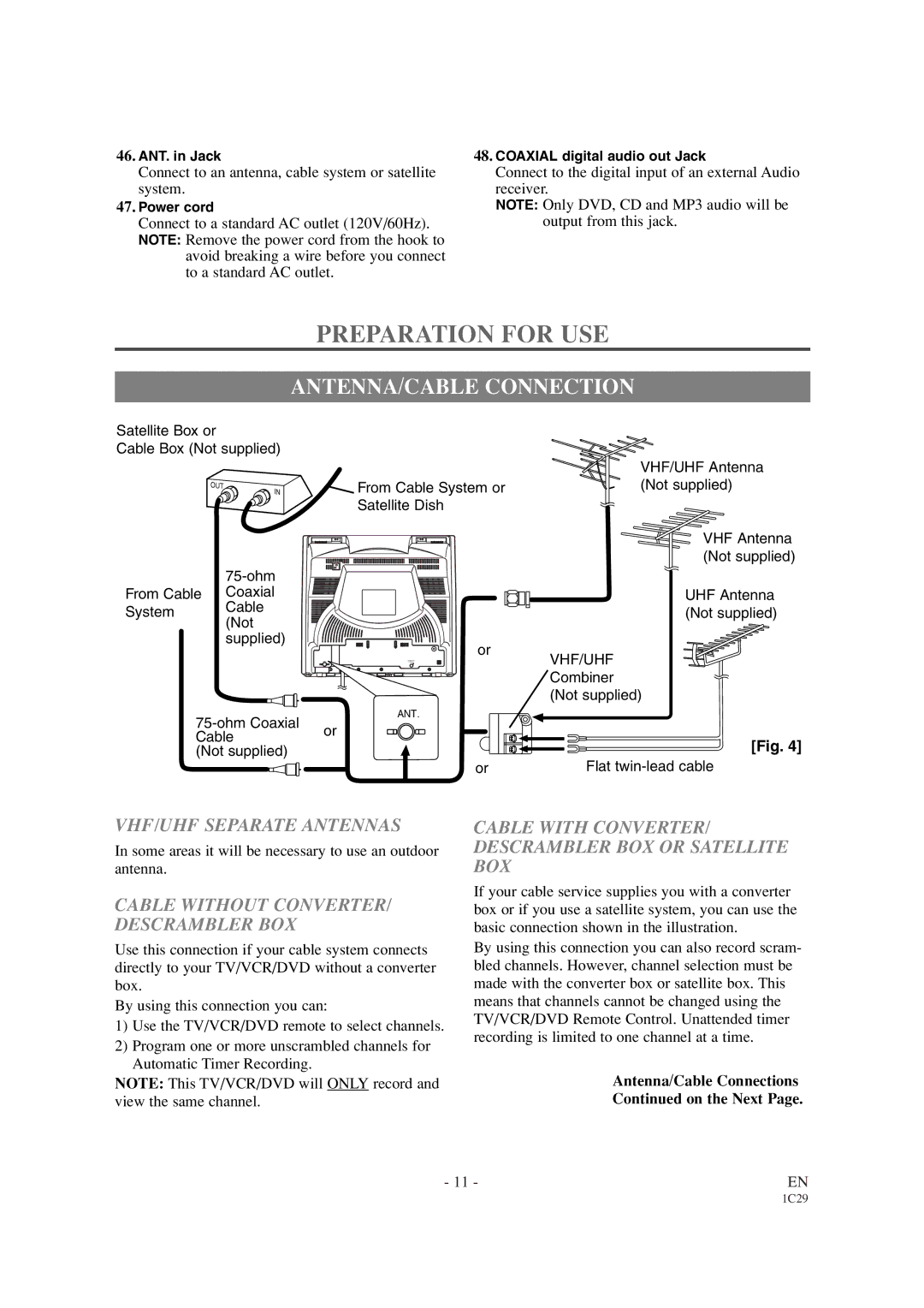 Sylvania SRCD420P owner manual Preparation for USE, ANTENNA/CABLE Connection, VHF/UHF Separate Antennas 