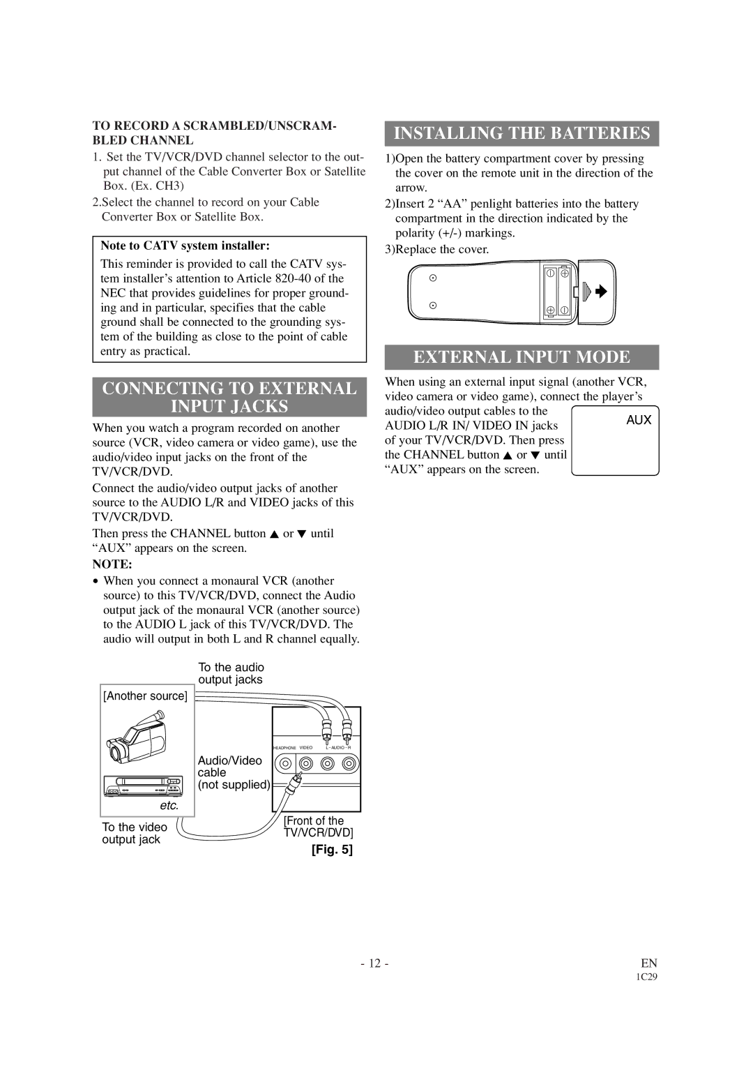 Sylvania SRCD420P owner manual Connecting to External Input Jacks, Installing the Batteries, External Input Mode 