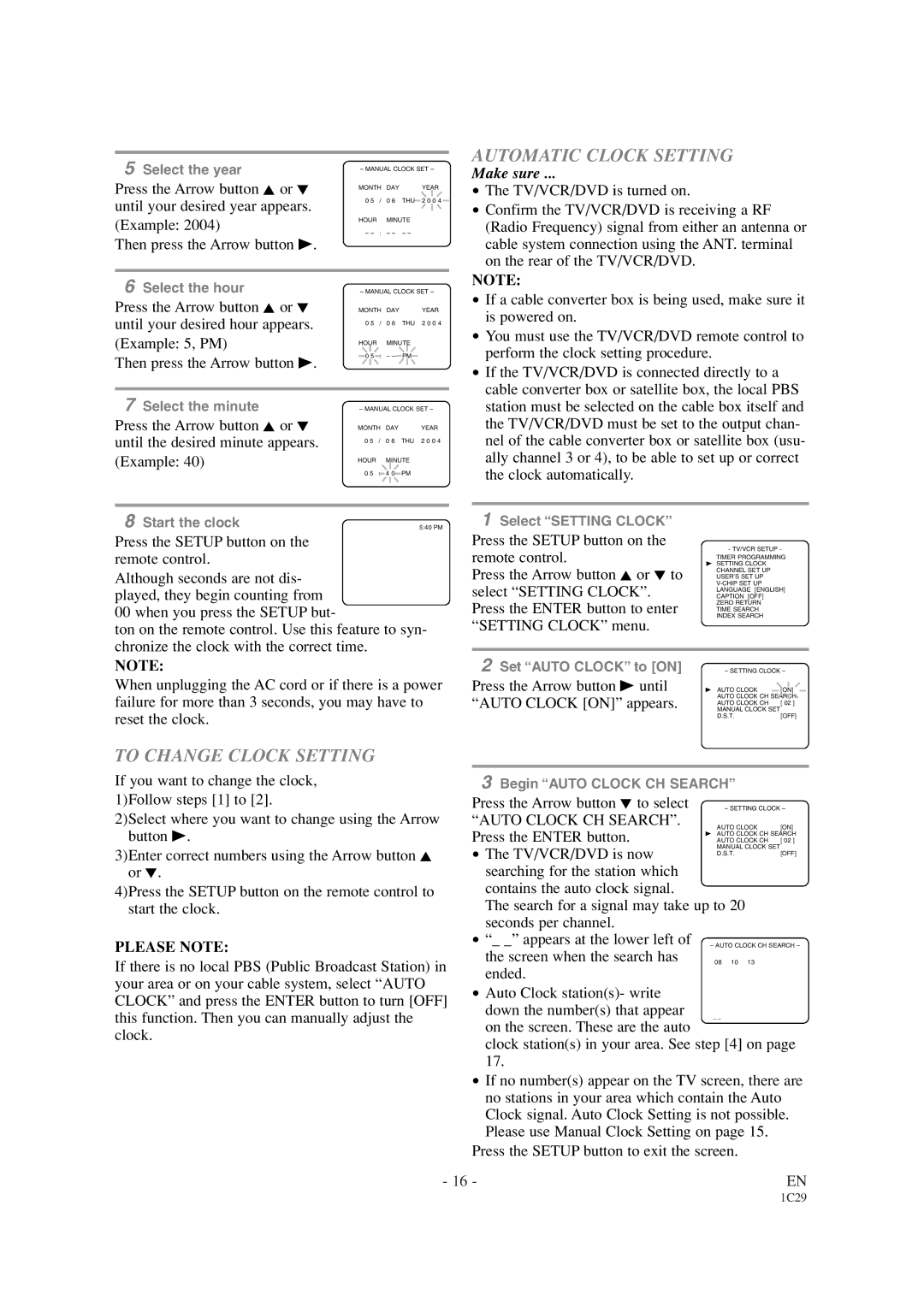 Sylvania SRCD420P owner manual Automatic Clock Setting, To Change Clock Setting, Please Note, Auto Clock CH Search 