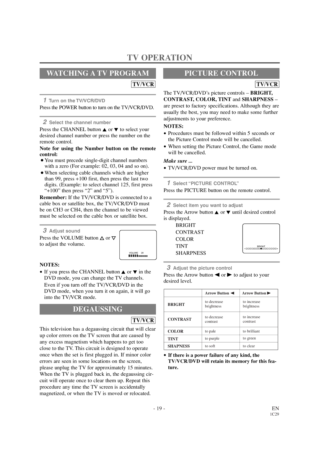 Sylvania SRCD420P owner manual TV Operation, Watching a TV Program, Degaussing, Picture Control 