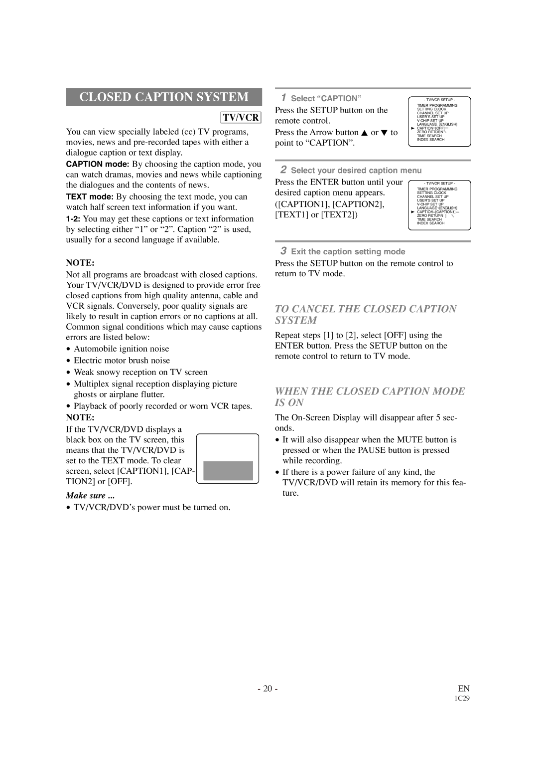 Sylvania SRCD420P To Cancel the Closed Caption System, When the Closed Caption Mode is on, CAPTION1, CAPTION2 