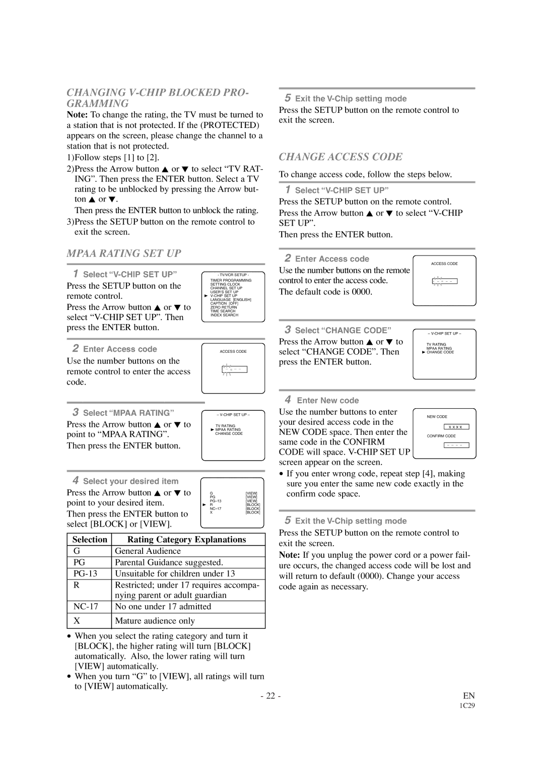 Sylvania SRCD420P owner manual Changing V-CHIP Blocked PRO- Gramming, Mpaa Rating SET UP, Change Access Code 