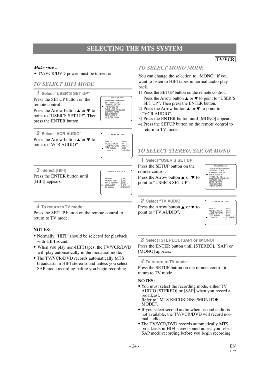 Sylvania SRCD420P Selecting the MTS System, To Select Hifi Mode, To Select Mono Mode, To Select STEREO, SAP, or Mono 