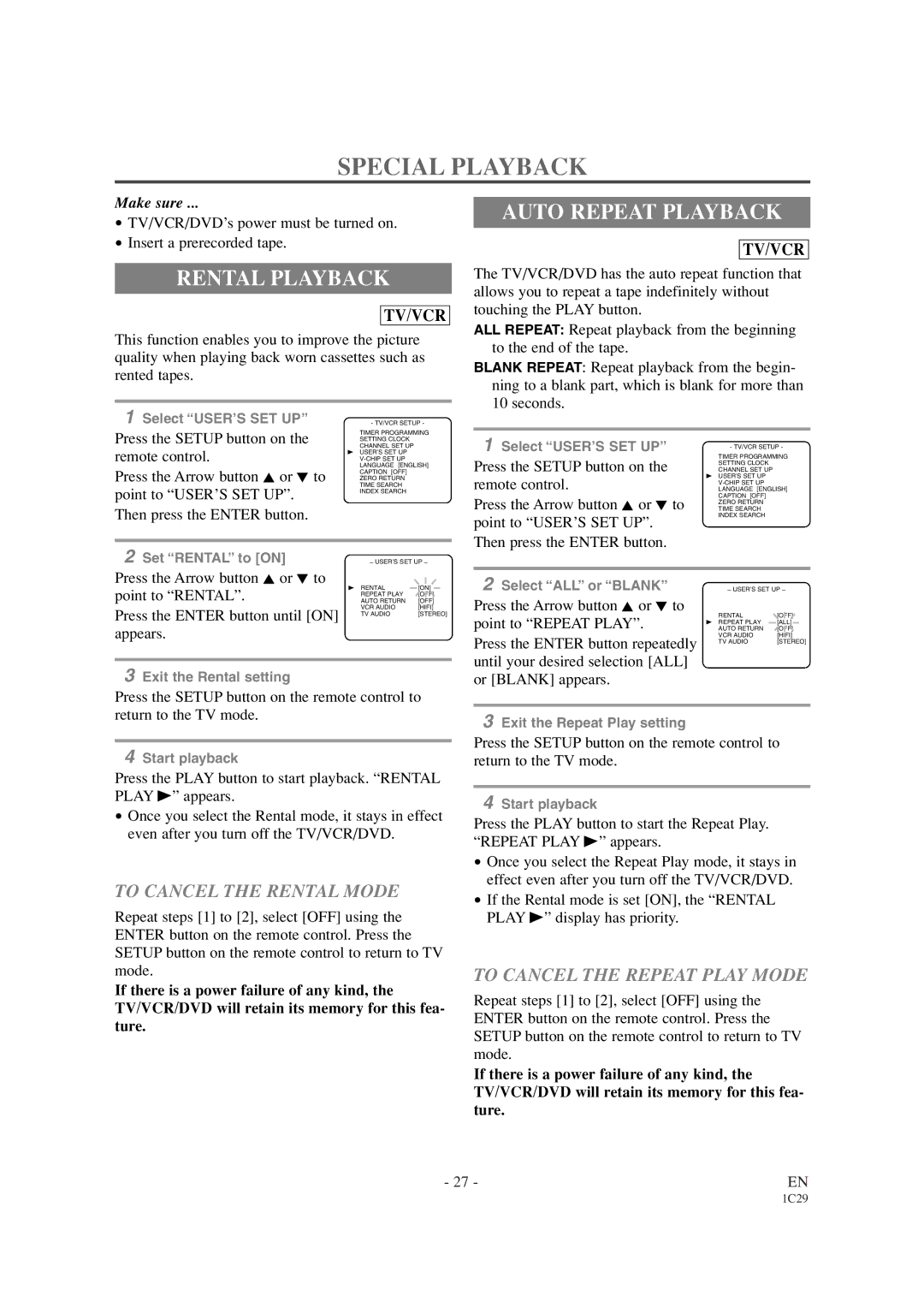 Sylvania SRCD420P owner manual Special Playback, Rental Playback, Auto Repeat Playback, To Cancel the Rental Mode 