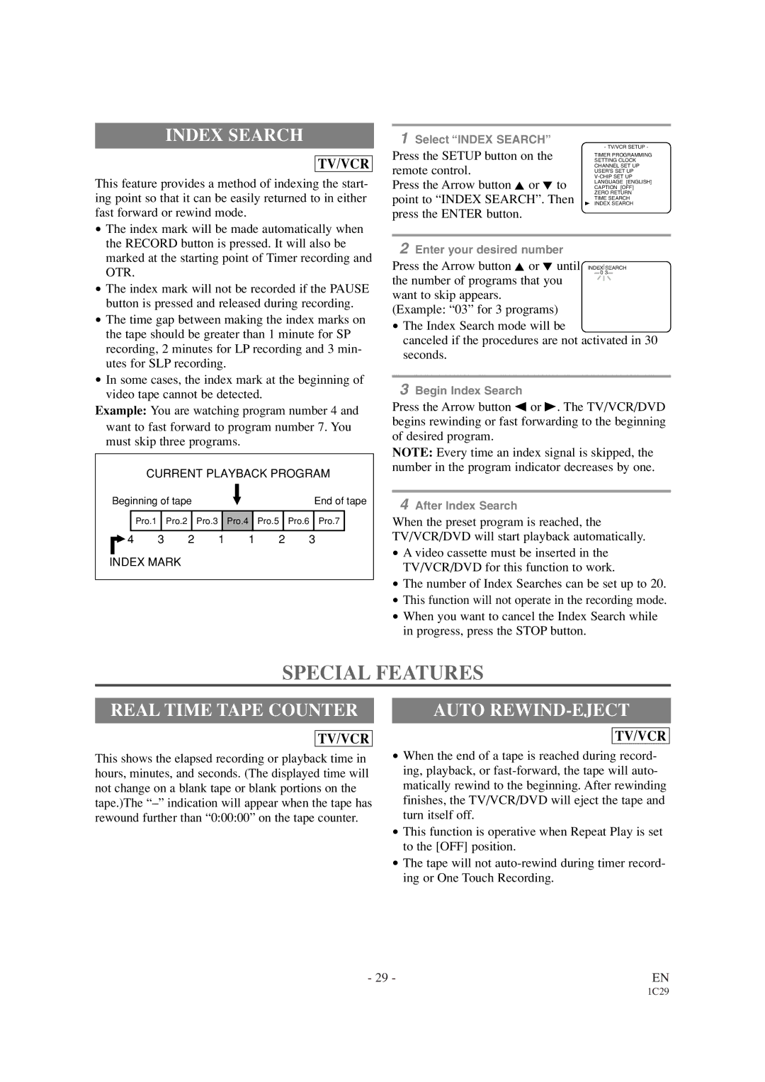 Sylvania SRCD420P Special Features, Index Search, Real Time Tape Counter, Auto REWIND-EJECT, Point to Index SEARCH. Then 