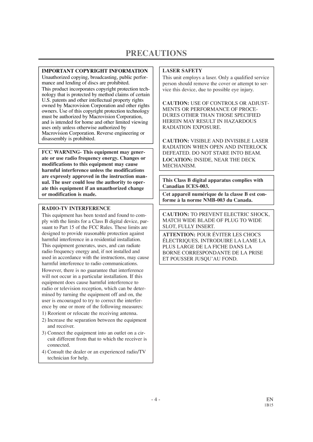 Sylvania SRCD420P owner manual Precautions, Important Copyright Information, RADIO-TV Interference, Laser Safety 