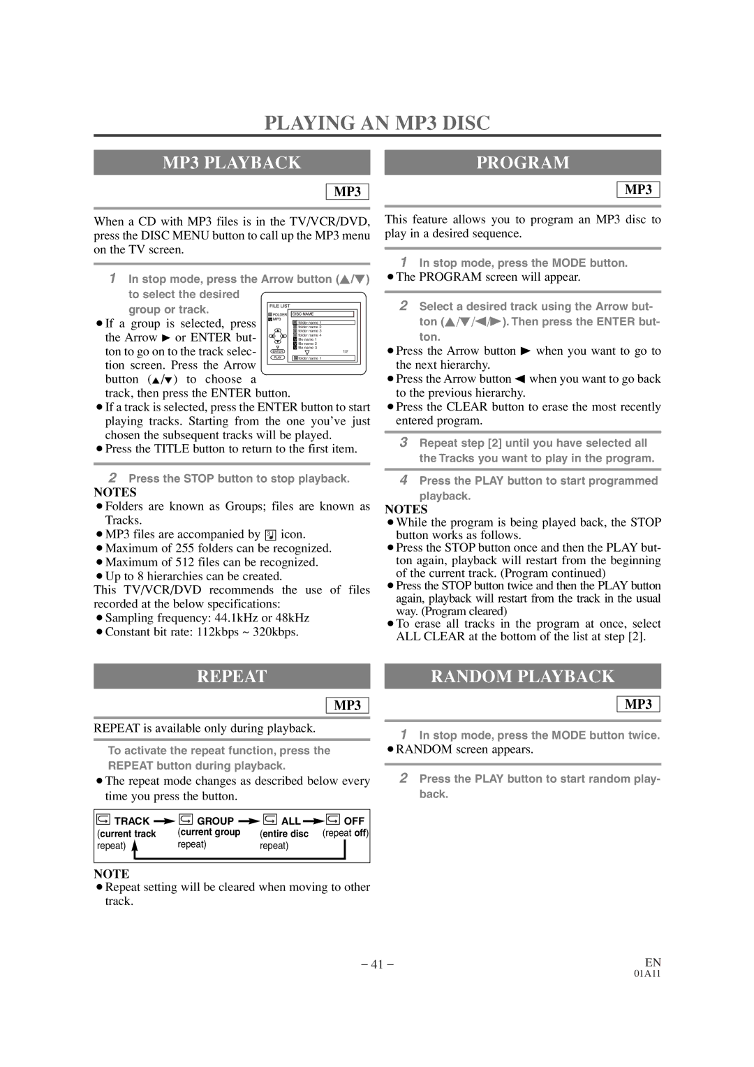 Sylvania SRCD420P owner manual Playing AN MP3 Disc, MP3 Playback, Program, Repeat 