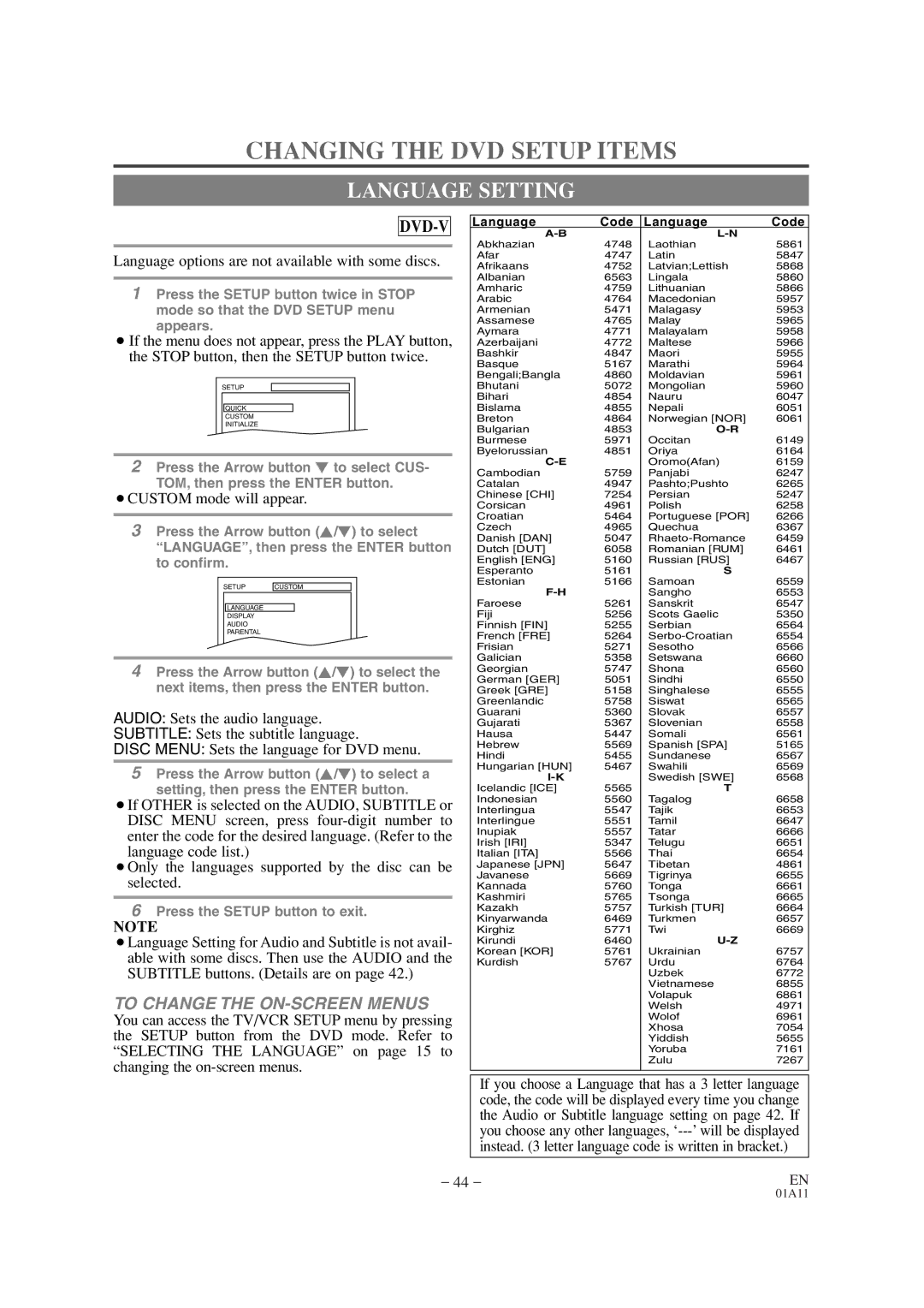 Sylvania SRCD420P Changing the DVD Setup Items, Language Setting, Language options are not available with some discs 