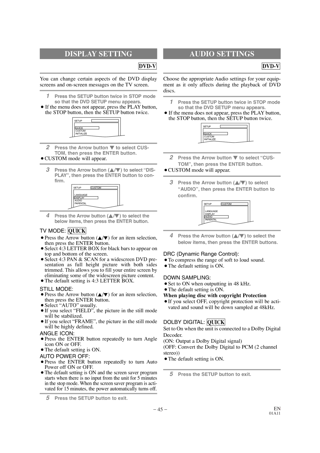 Sylvania SRCD420P owner manual Display Setting, Audio Settings, When playing disc with copyright Protection 