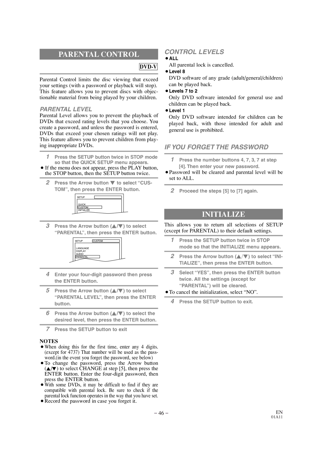 Sylvania SRCD420P Parental Control, Initialize, All parental lock is cancelled, ¡To cancel the initialization, select no 