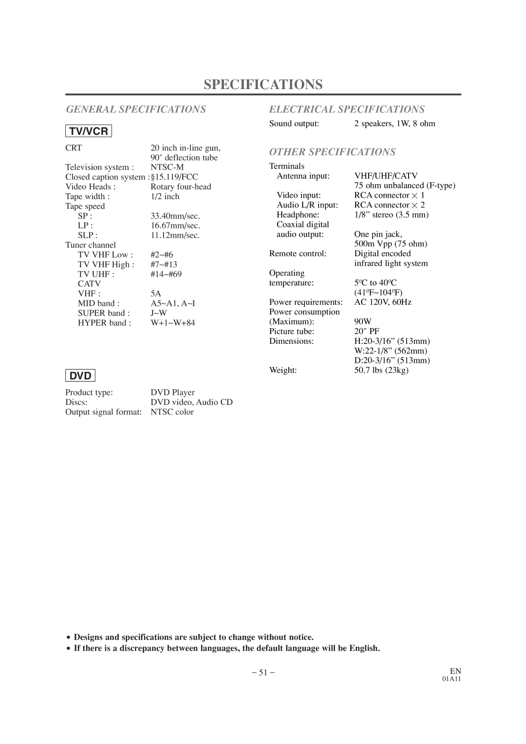 Sylvania SRCD420P owner manual General Specifications, Electrical Specifications, Other Specifications 