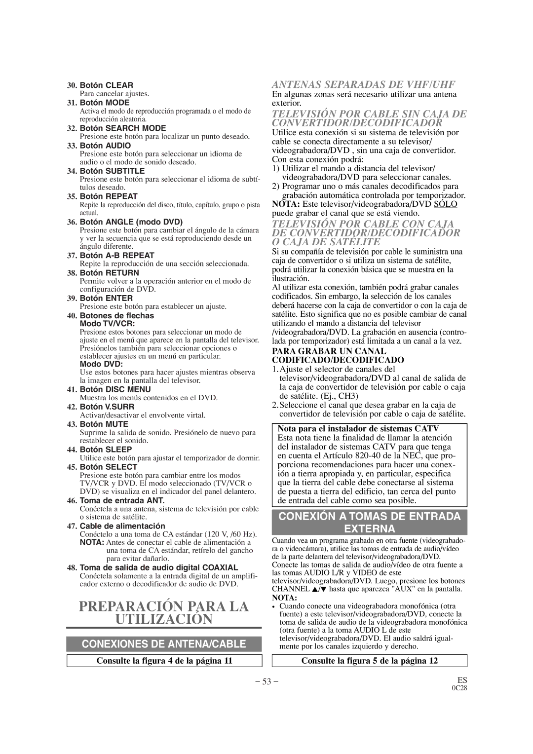 Sylvania SRCD420P owner manual Preparación Para LA Utilización, Antenas Separadas DE VHF/UHF 