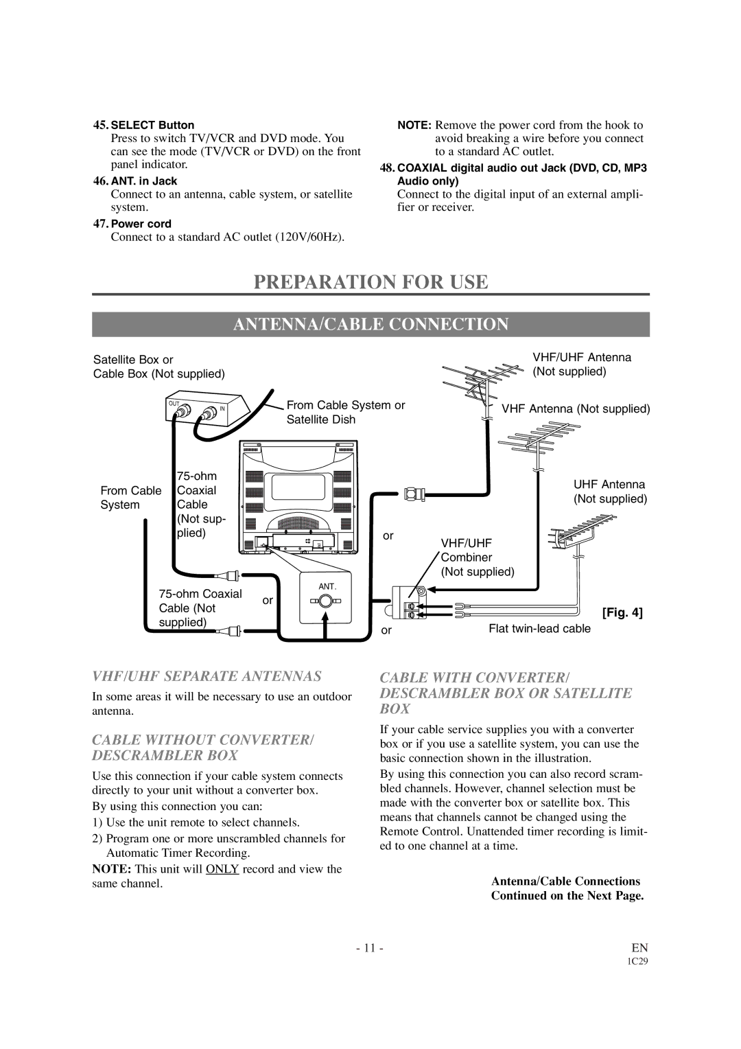 Sylvania SRCD427P owner manual Preparation for USE, ANTENNA/CABLE Connection, VHF/UHF Separate Antennas 