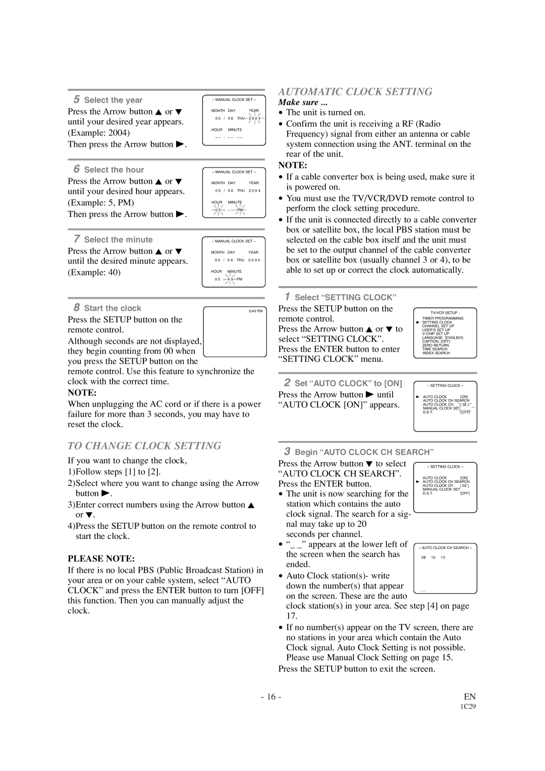 Sylvania SRCD427P owner manual Automatic Clock Setting, To Change Clock Setting, Please Note, Auto Clock CH Search 