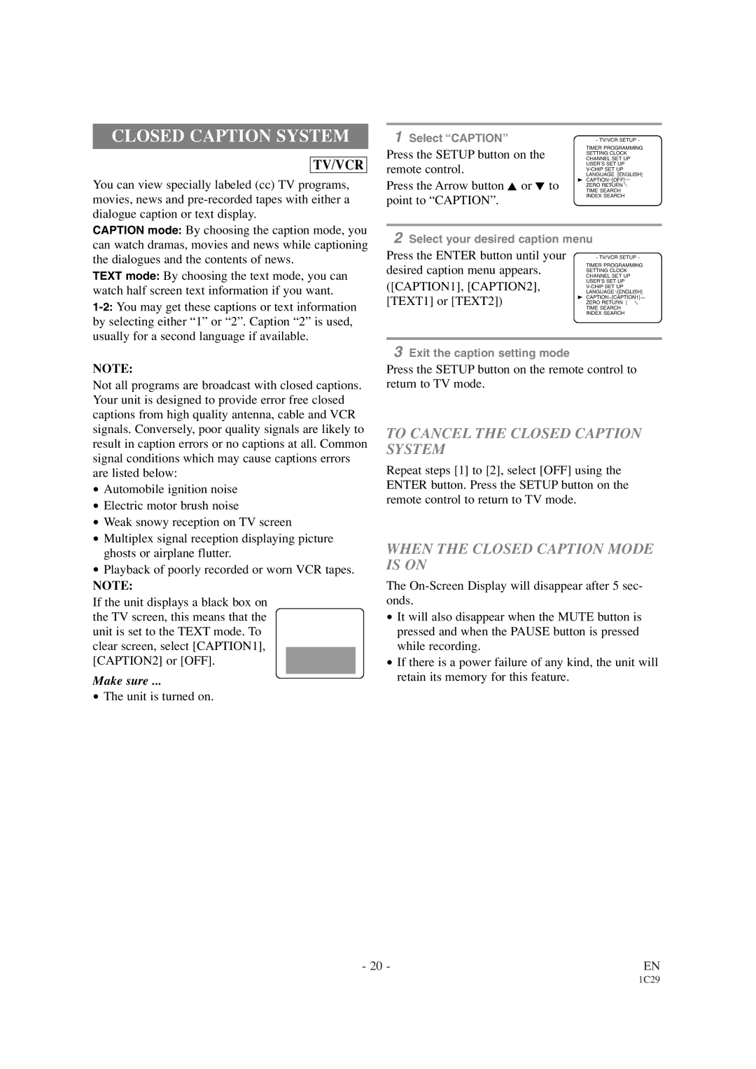 Sylvania SRCD427P To Cancel the Closed Caption System, When the Closed Caption Mode is on, CAPTION1, CAPTION2 