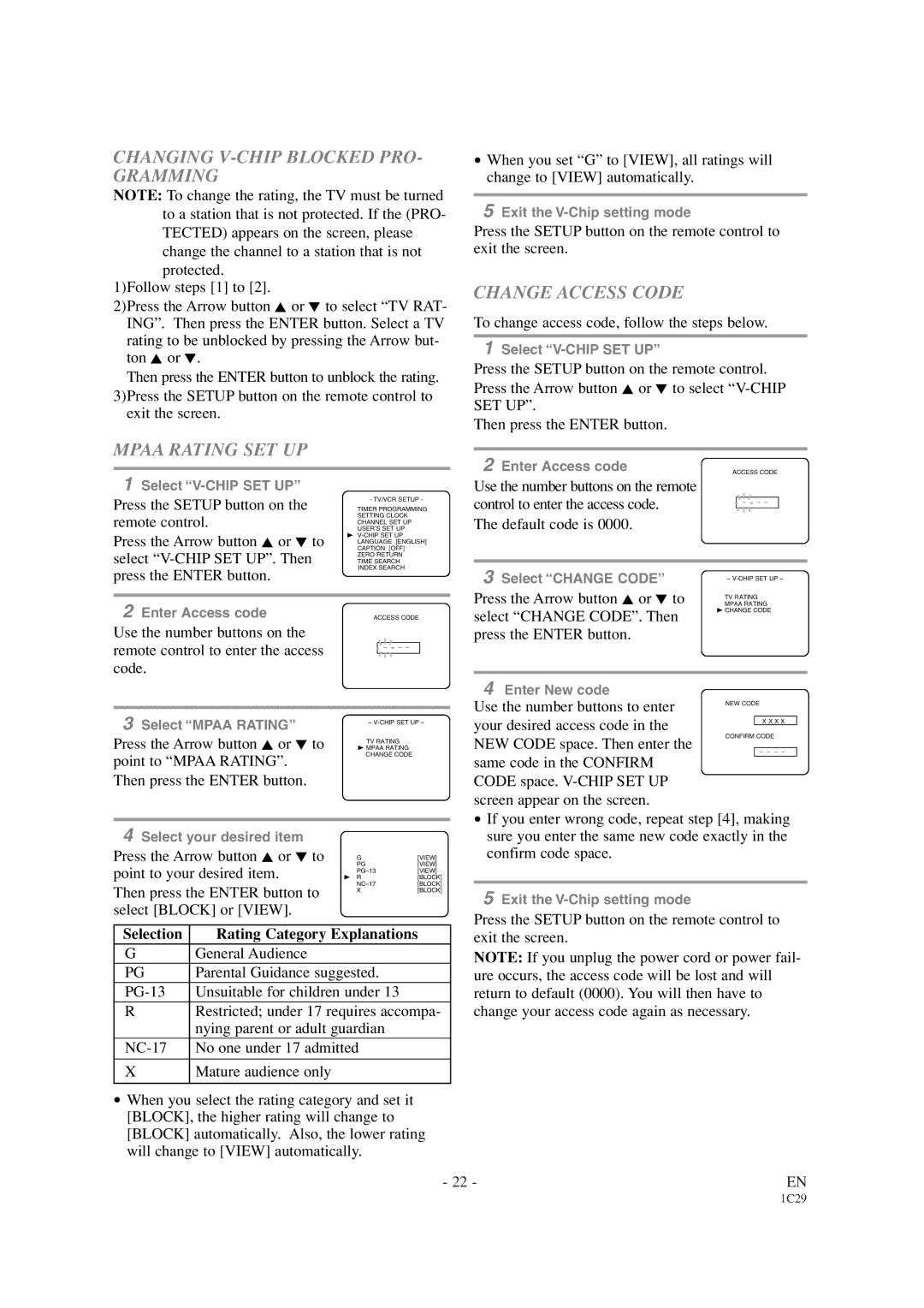 Sylvania SRCD427P owner manual Changing V-CHIP Blocked PRO- Gramming, Change Access Code, Mpaa Rating SET UP 