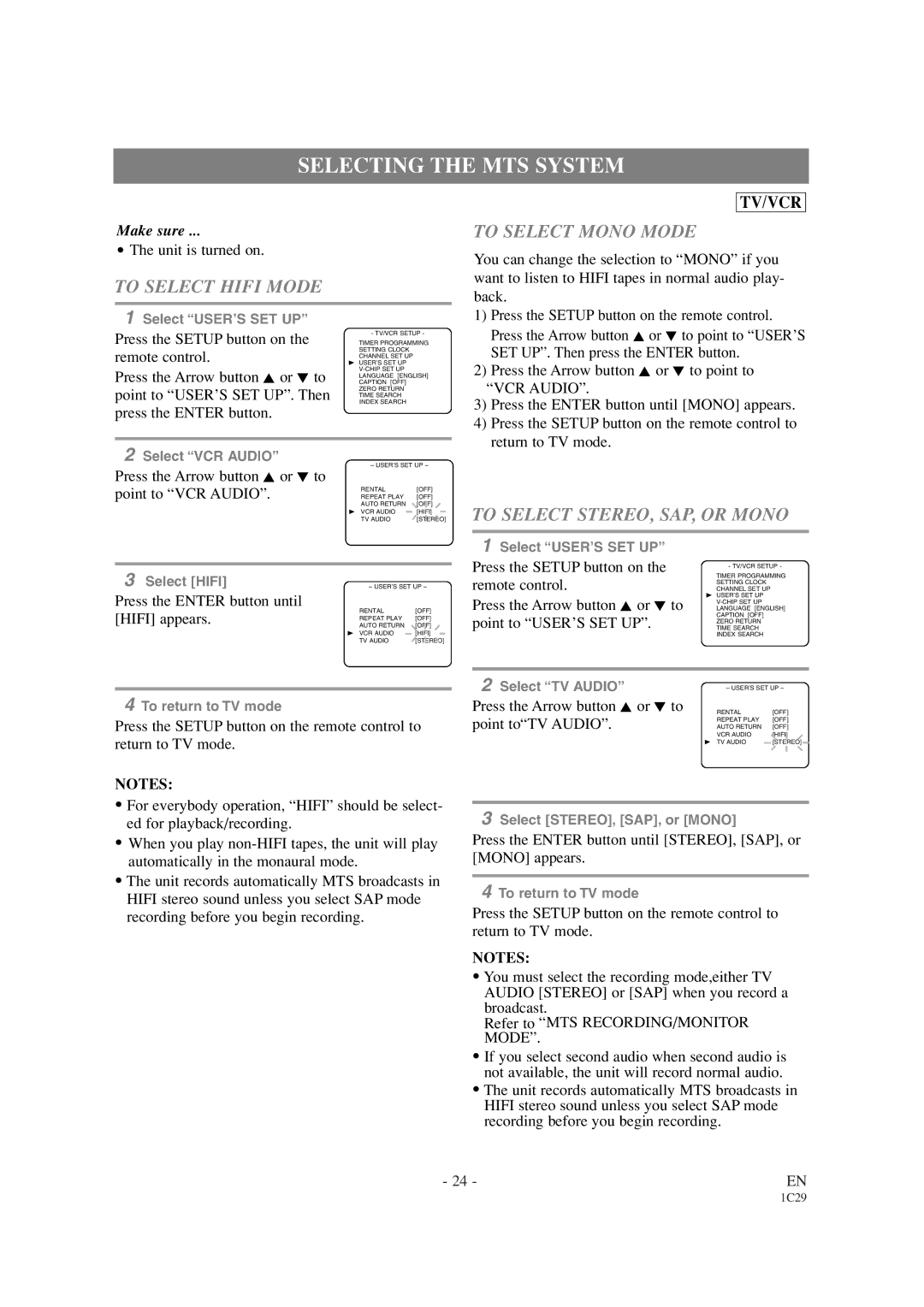 Sylvania SRCD427P Selecting the MTS System, To Select Hifi Mode, To Select Mono Mode, To Select STEREO, SAP, or Mono 