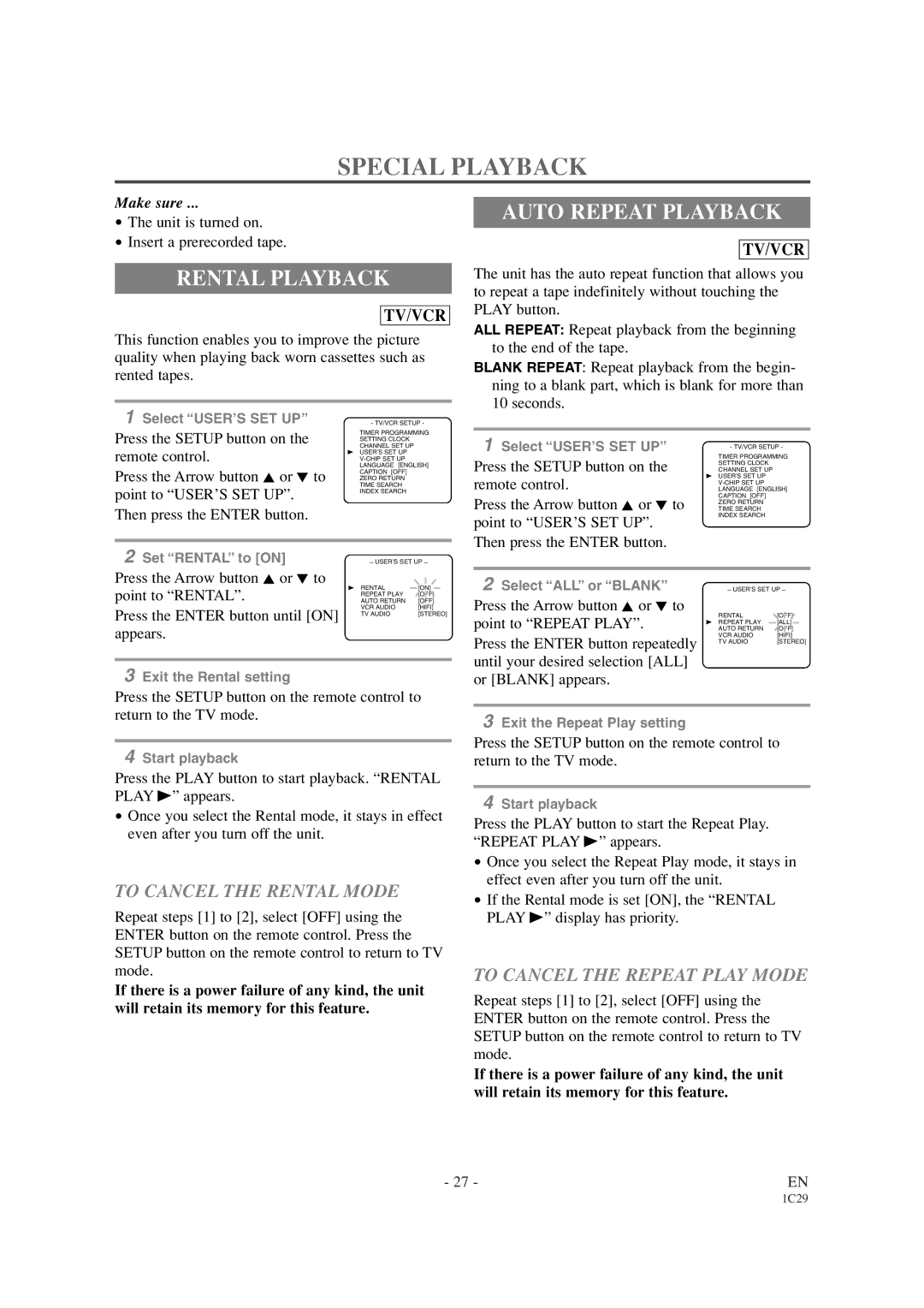 Sylvania SRCD427P owner manual Special Playback, Rental Playback, Auto Repeat Playback, To Cancel the Rental Mode 