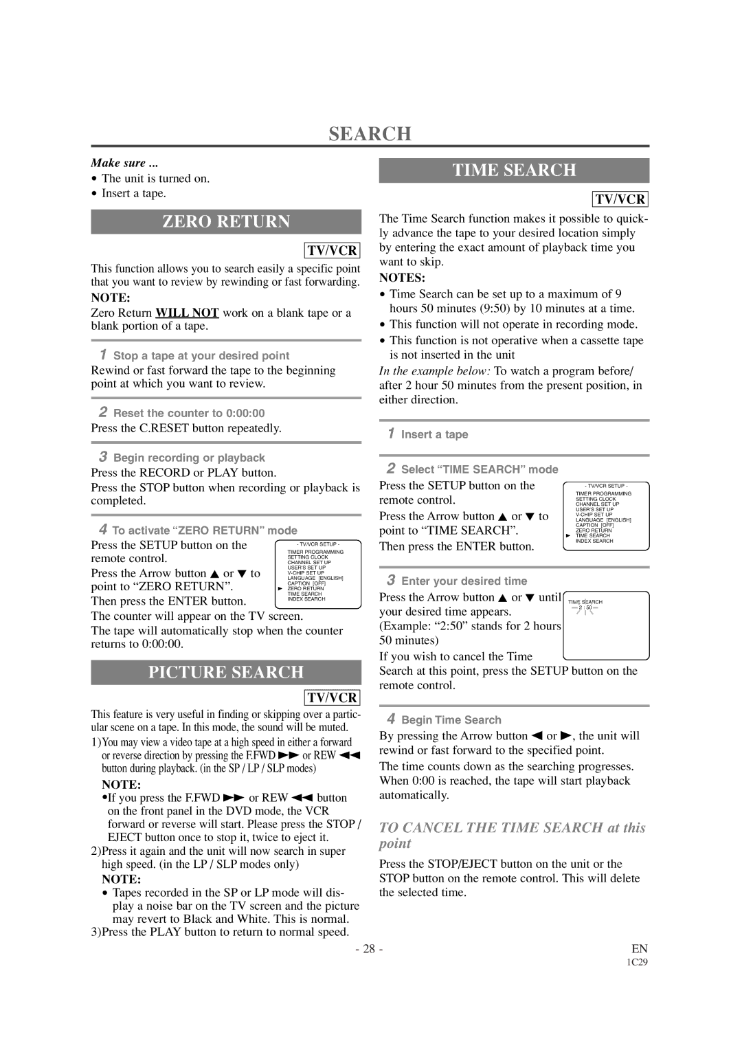 Sylvania SRCD427P owner manual Zero Return, Time Search, Picture Search 