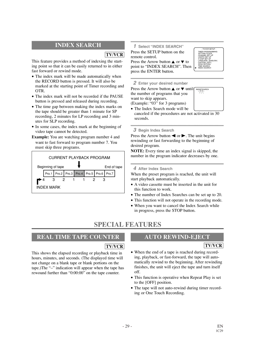 Sylvania SRCD427P Special Features, Index Search, Real Time Tape Counter, Auto REWIND-EJECT, Point to Index SEARCH. Then 