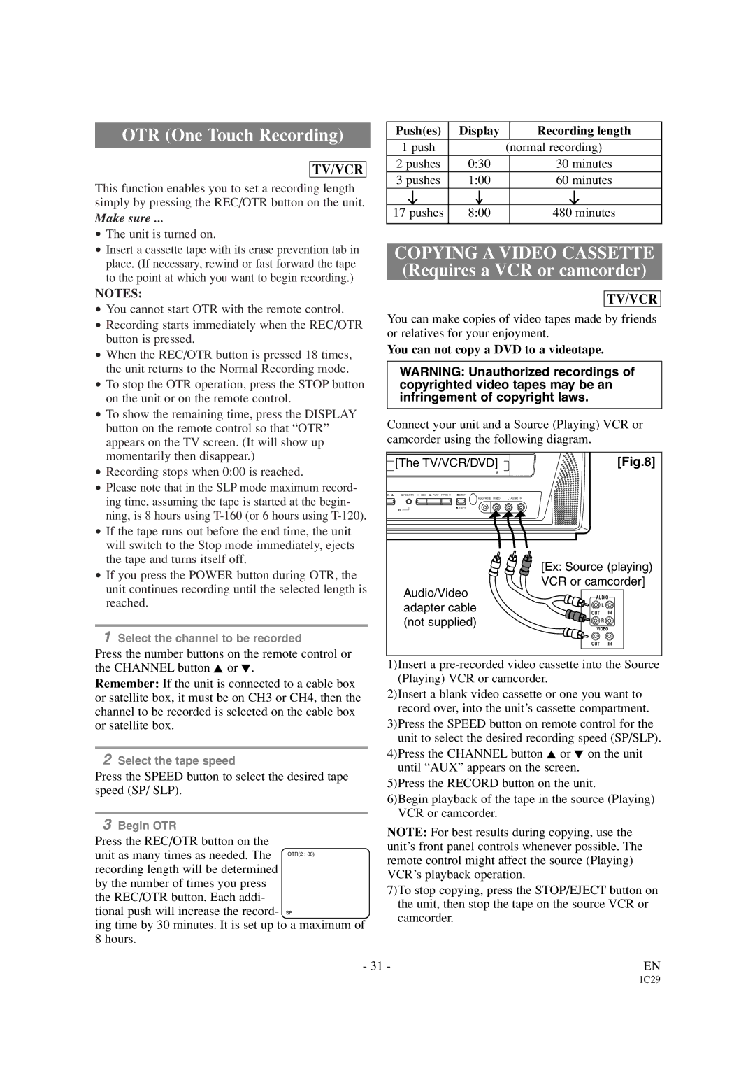 Sylvania SRCD427P owner manual Pushes Display Recording length, Push Normal recording, Minutes Pushes 800 