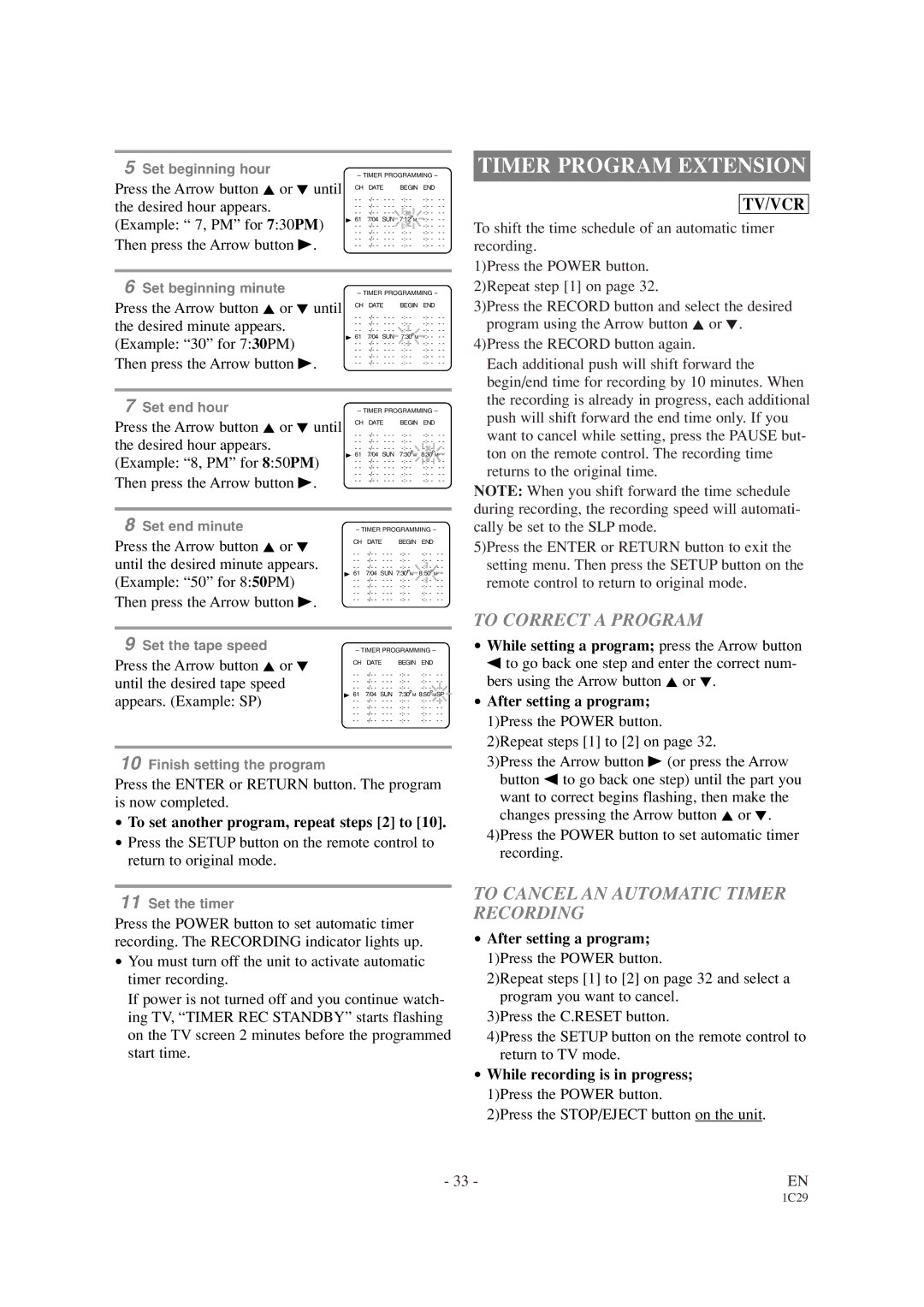 Sylvania SRCD427P owner manual Timer Program Extension, To Correct a Program, To Cancel AN Automatic Timer Recording 