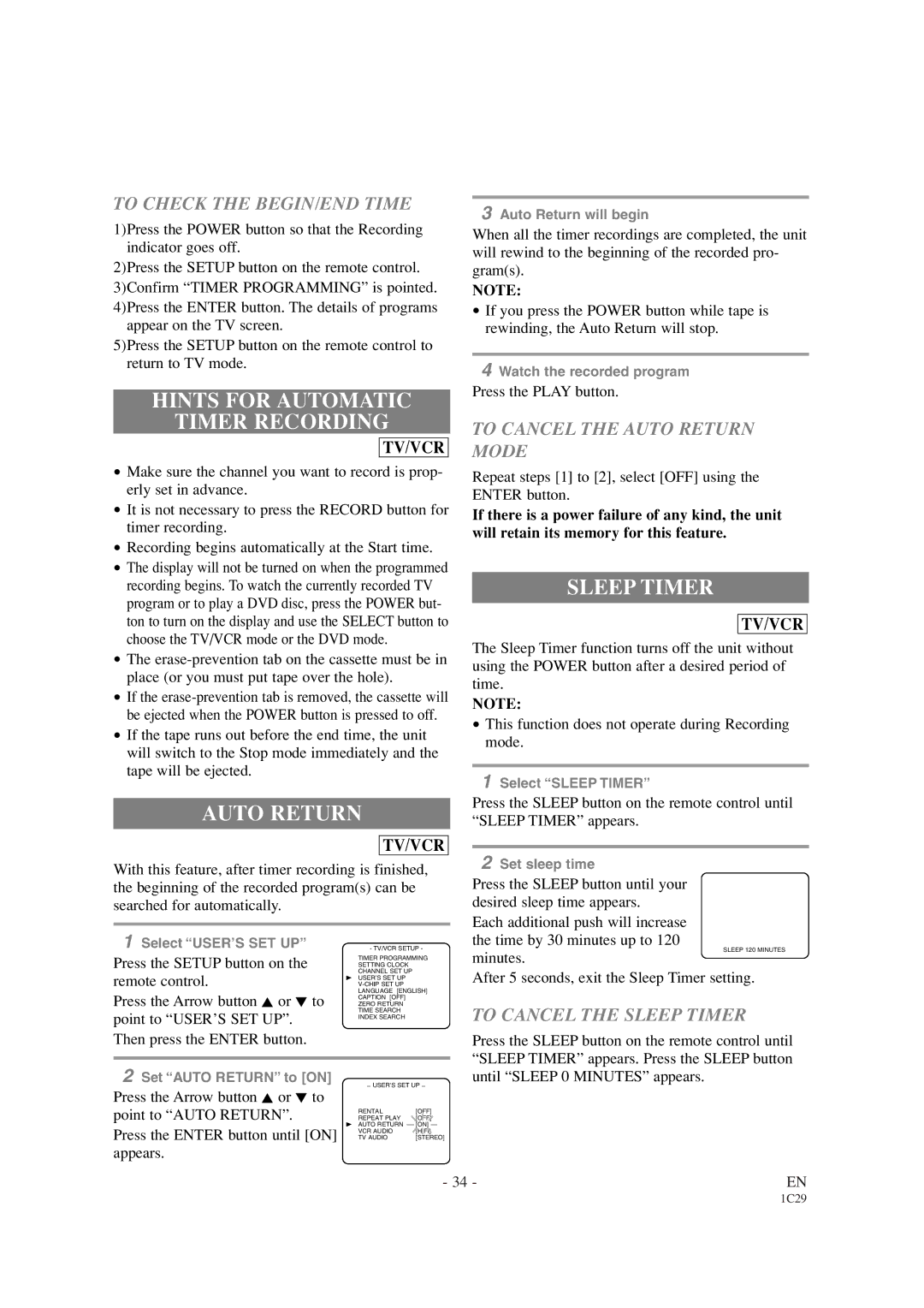 Sylvania SRCD427P owner manual Hints for Automatic Timer Recording, Auto Return, Sleep Timer 