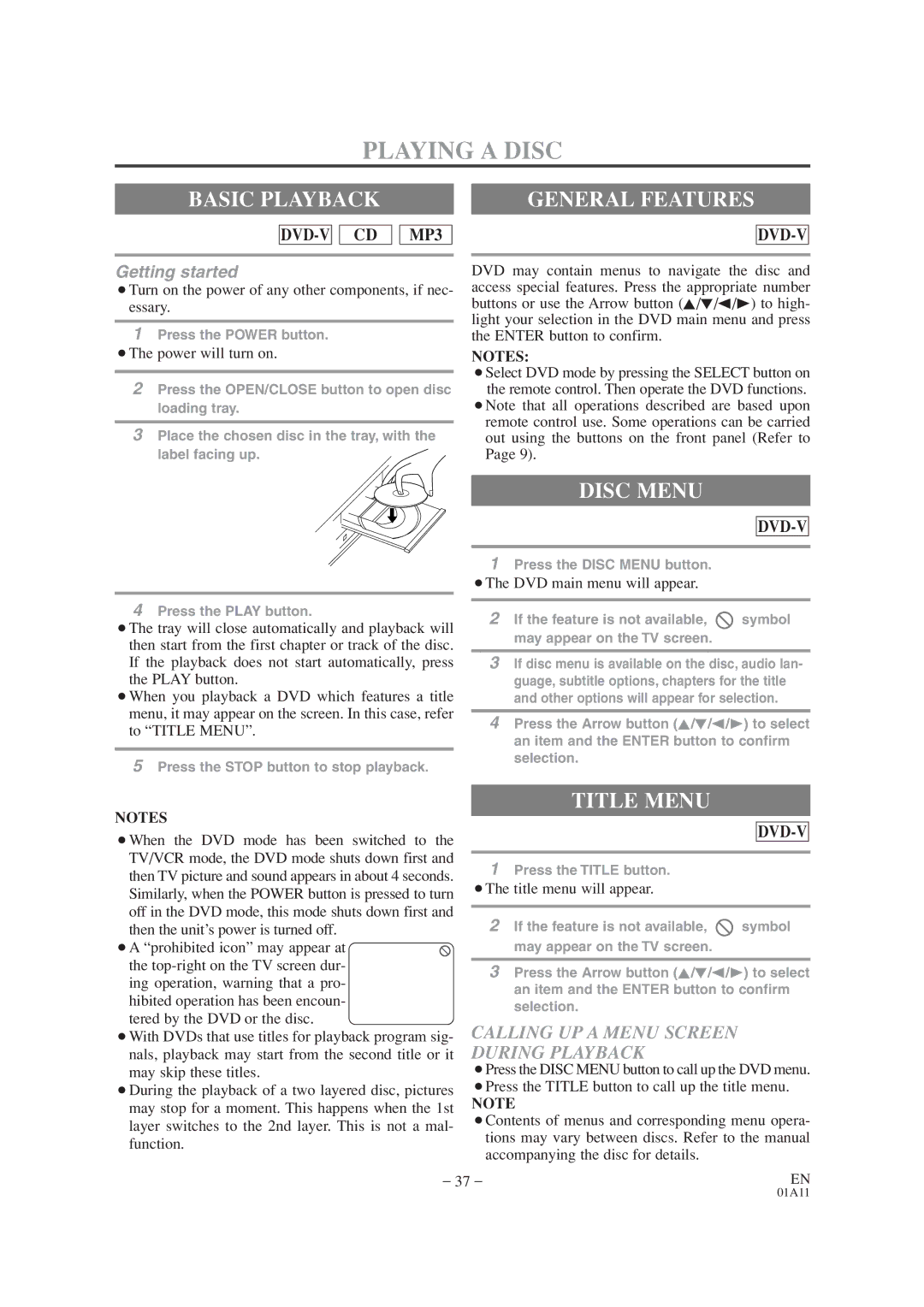 Sylvania SRCD427P owner manual Basic Playback, Disc Menu, Title Menu, Calling UP a Menu Screen During Playback 