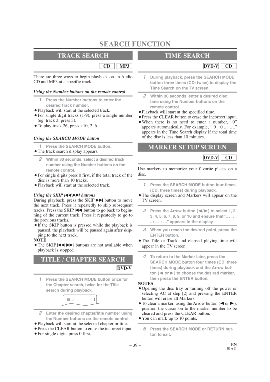 Sylvania SRCD427P owner manual Search Function, Track Search, Marker Setup Screen, Dvd-V 