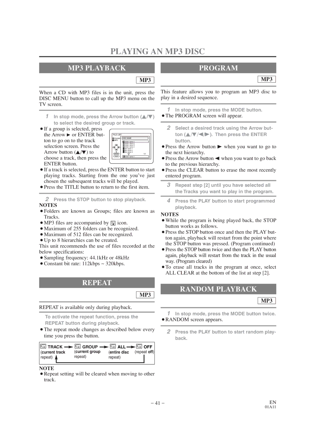 Sylvania SRCD427P owner manual Playing AN MP3 Disc, MP3 Playback, Program, Repeat 