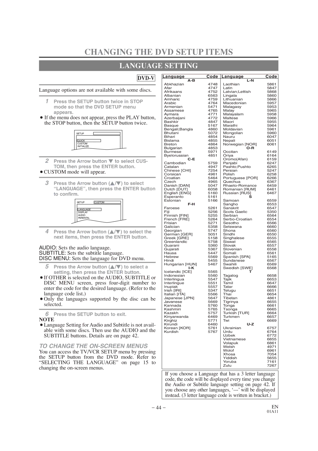 Sylvania SRCD427P Changing the DVD Setup Items, Language Setting, Language options are not available with some discs 