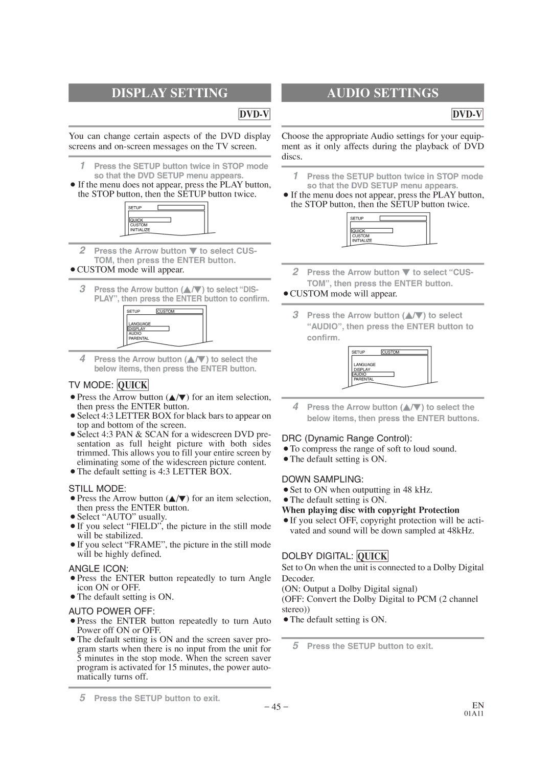 Sylvania SRCD427P owner manual Display Setting, Audio Settings, When playing disc with copyright Protection 