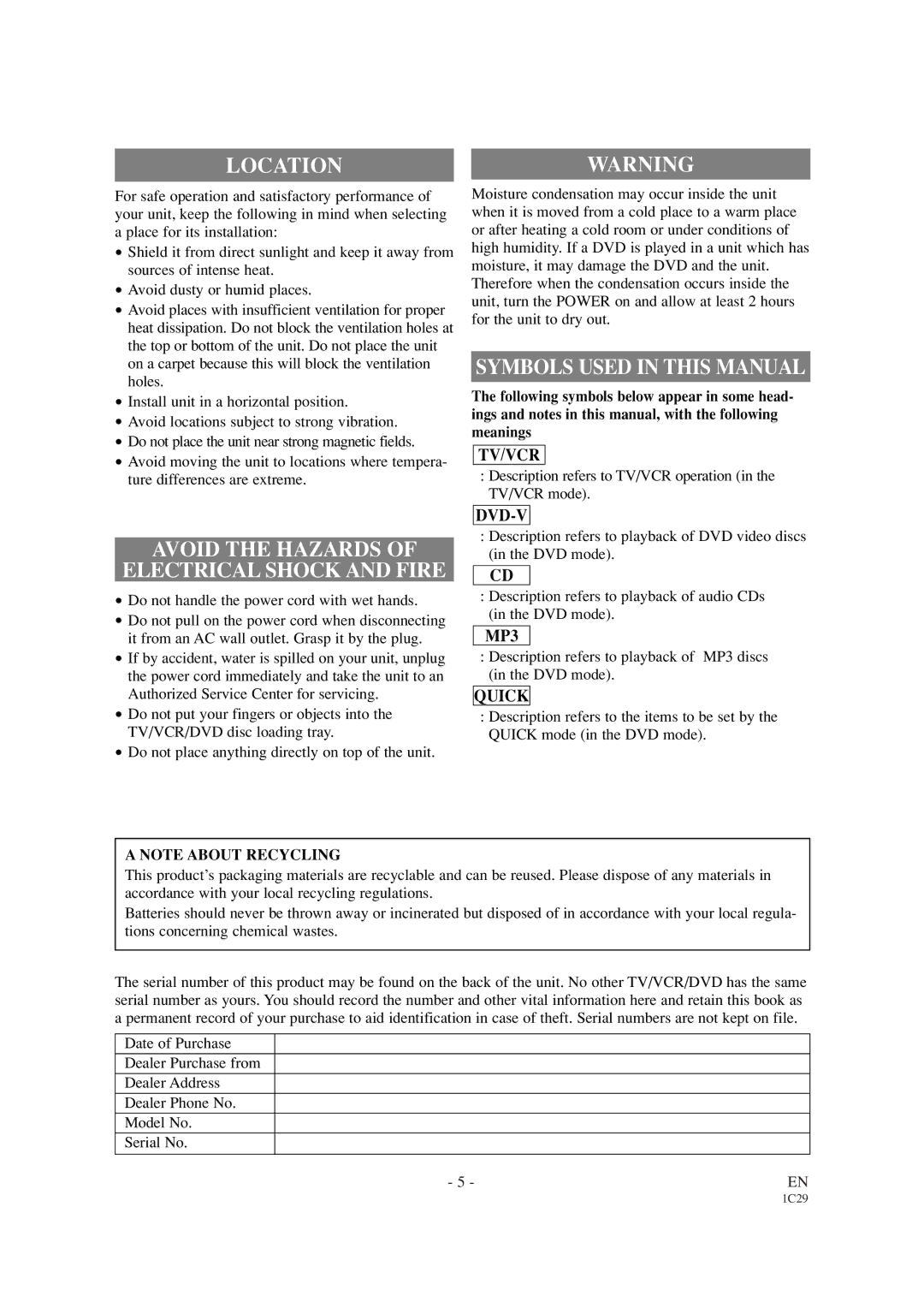 Sylvania SRCD427P owner manual Locationwarning, Symbols Used in this Manual, Avoid the Hazards Electrical Shock and Fire 