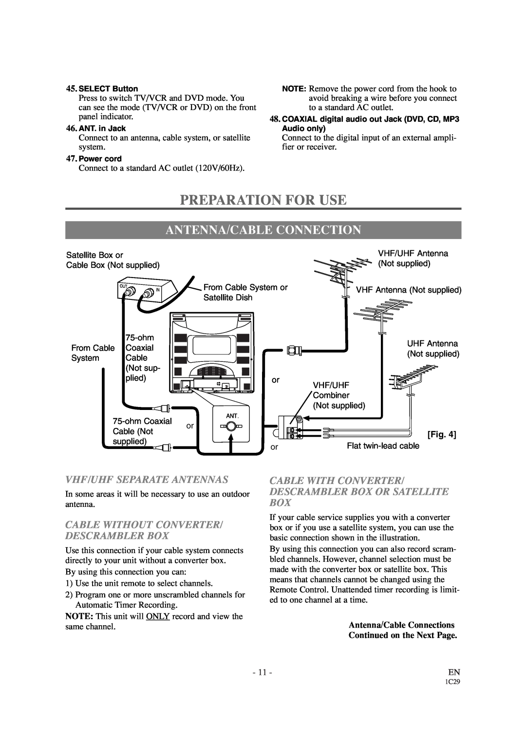 Sylvania SRCD427P owner manual Preparation For Use, Antenna/Cable Connection, Vhf/Uhf Separate Antennas 