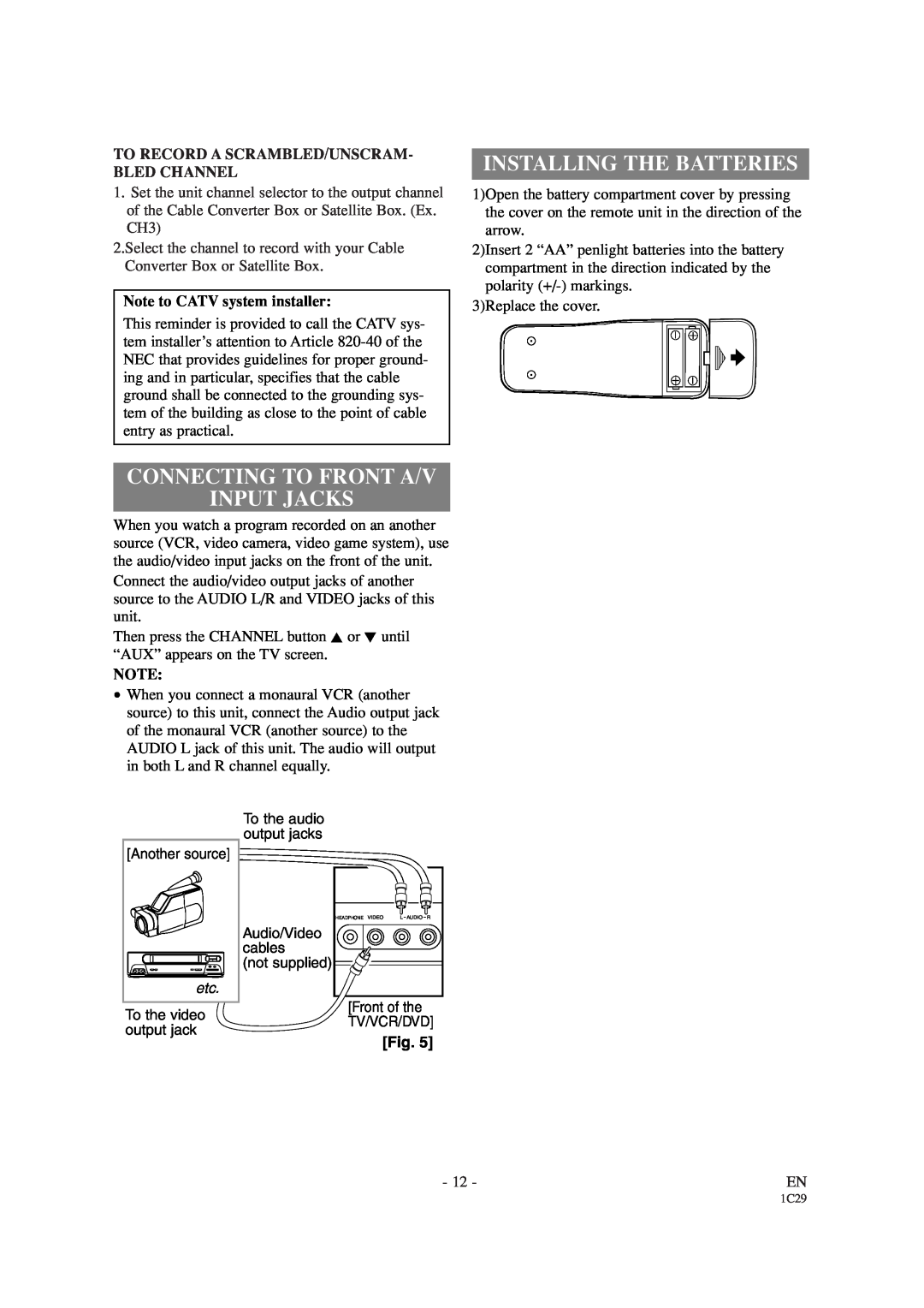 Sylvania SRCD427P owner manual Connecting To Front A/V Input Jacks, Installing The Batteries, Note to CATV system installer 