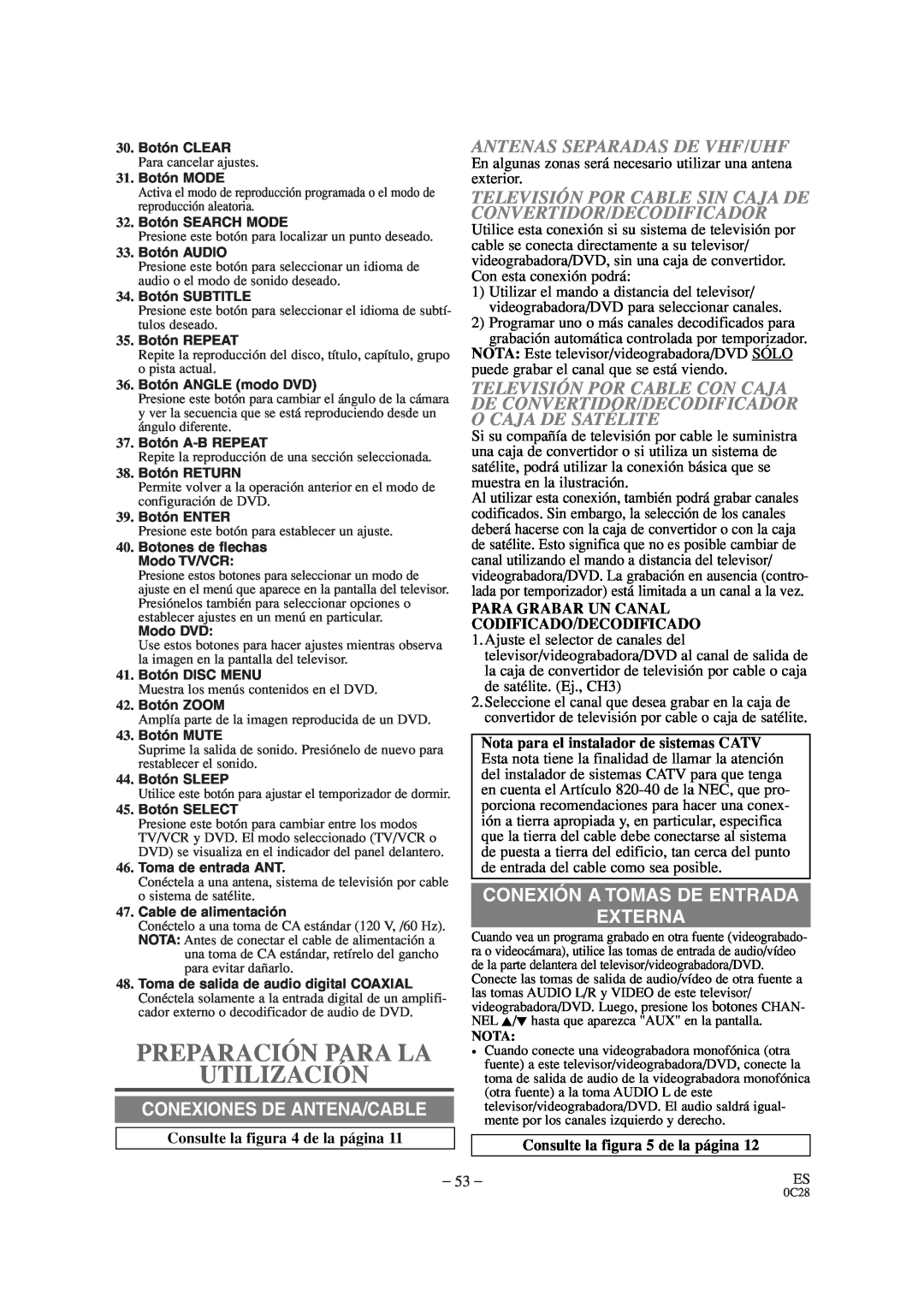 Sylvania SRCD427P owner manual Preparación Para La Utilización, Conexiones De Antena/Cable, Antenas Separadas De Vhf/Uhf 