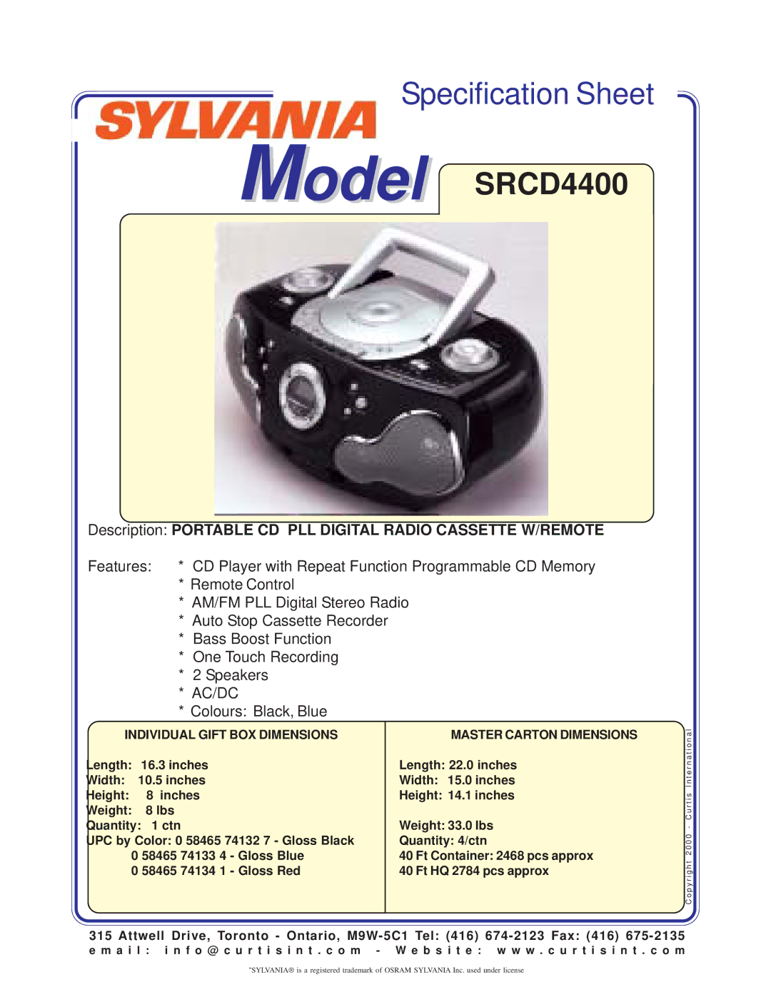 Sylvania specifications Model SRCD4400, Description Portable CD PLL Digital Radio Cassette W/REMOTE, Ac/Dc 