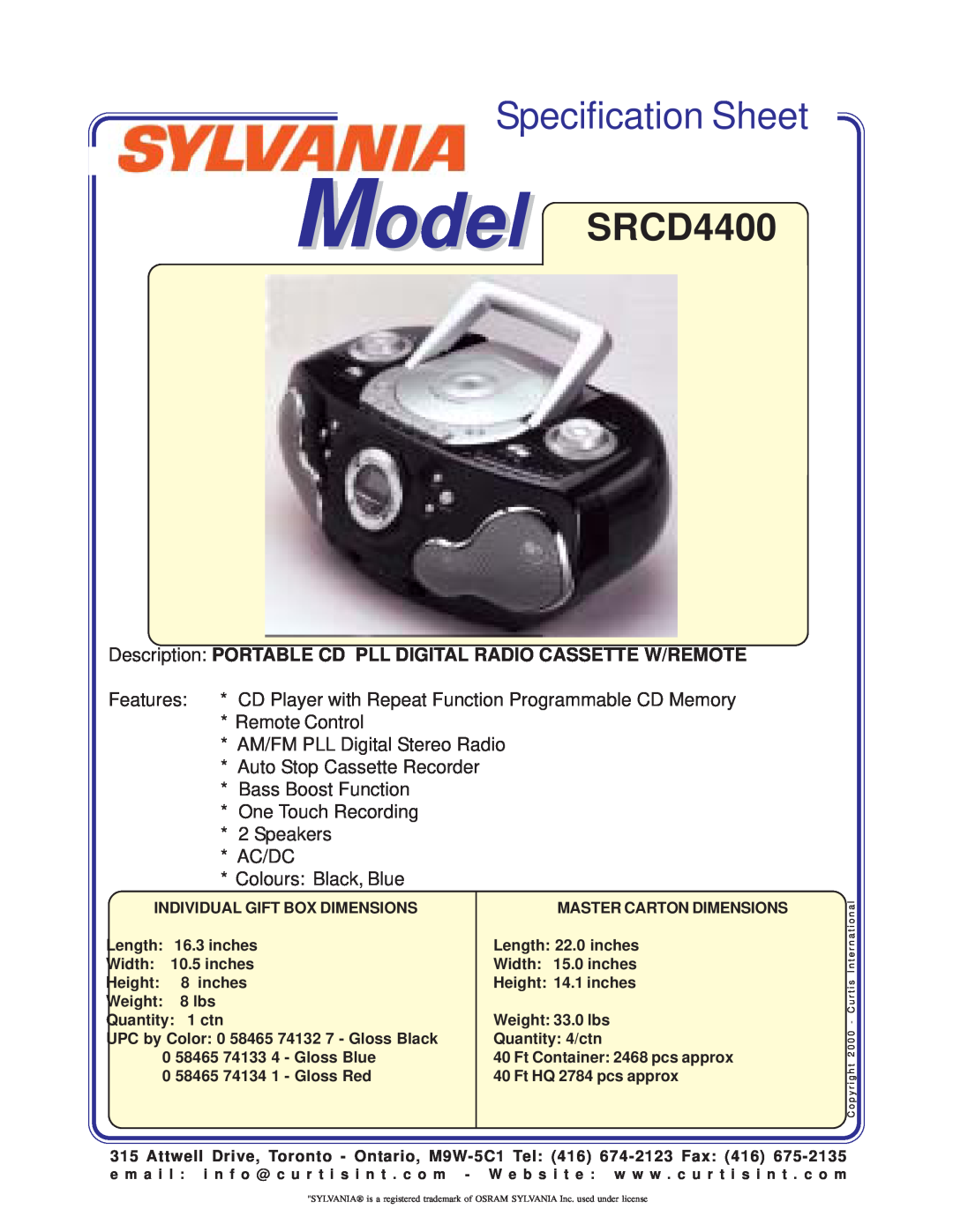 Sylvania specifications Specification Sheet, Model SRCD4400, Place Image Here, One Touch Recording 2 Speakers AC/DC 
